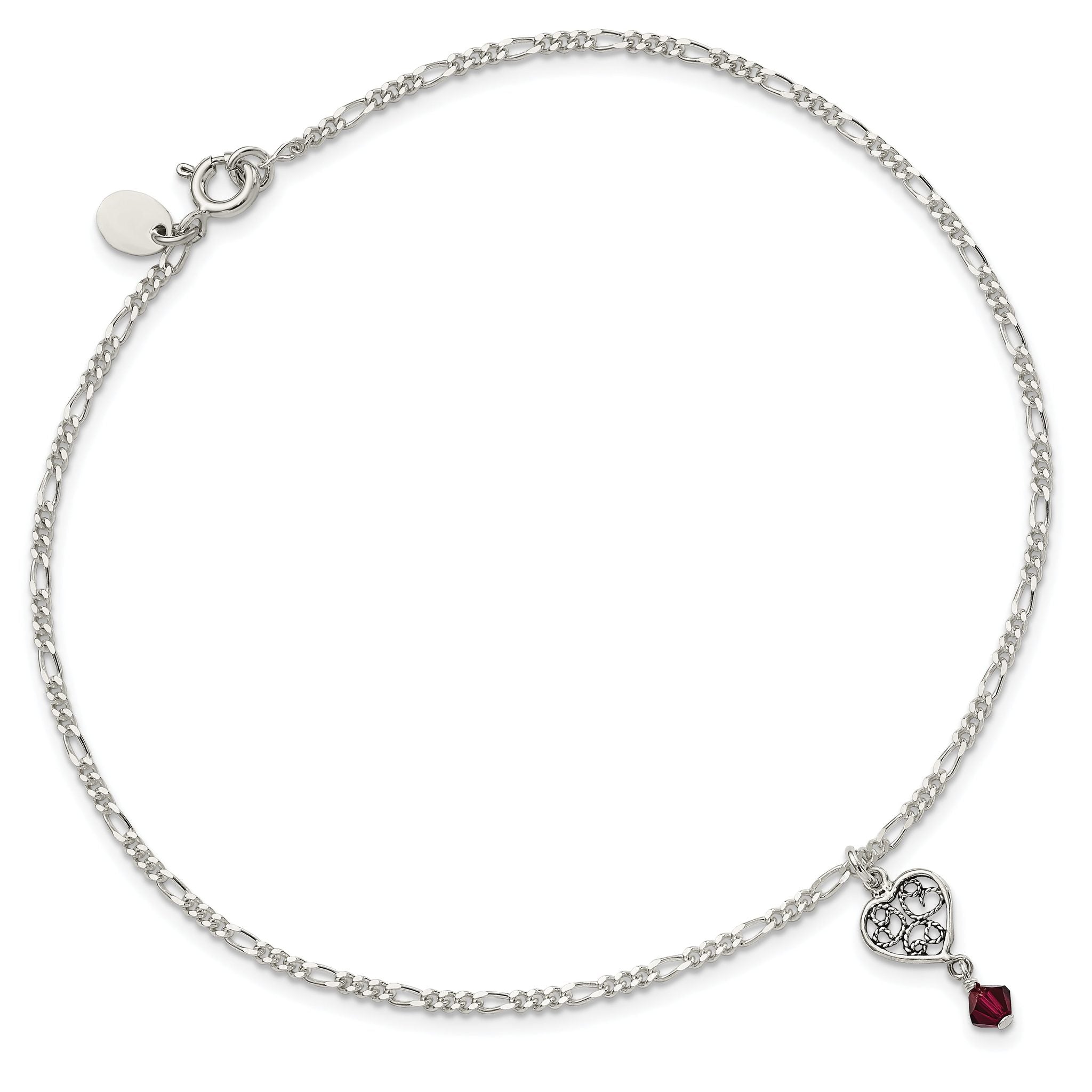 Sterling Silver Dark Pink Crystal Dangling Antiqued Heart 9 inch Anklet