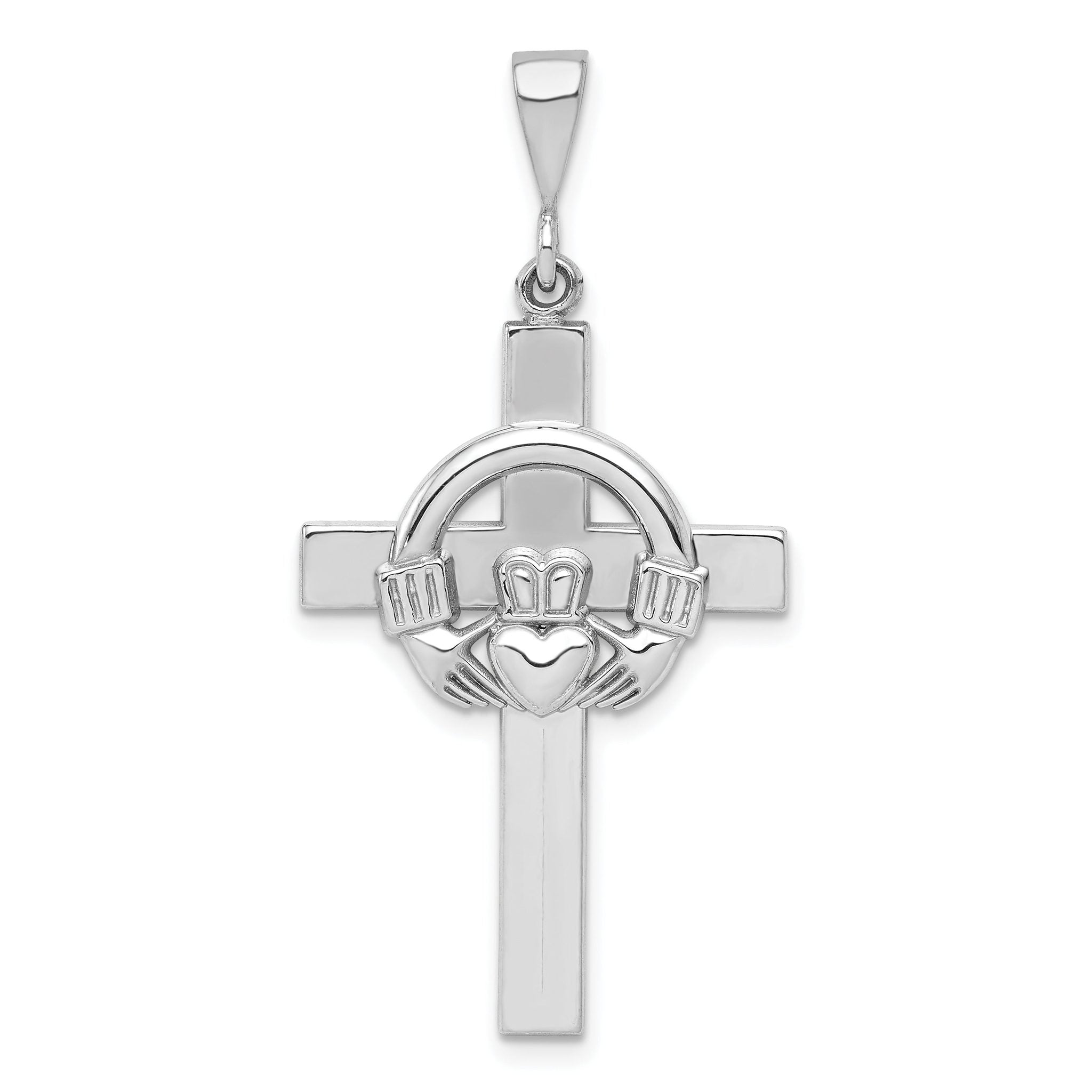 14K White Gold Claddagh Cross Pendant with Polished Rhodium Finish Main image