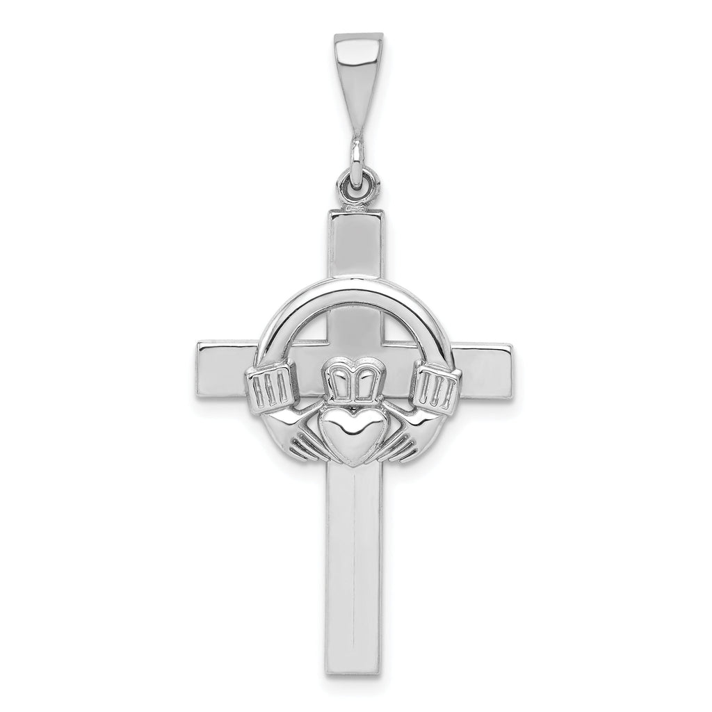 14K White Gold Claddagh Cross Pendant with Polished Rhodium Finish