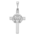 14K White Gold Claddagh Cross Pendant with Polished Rhodium Finish