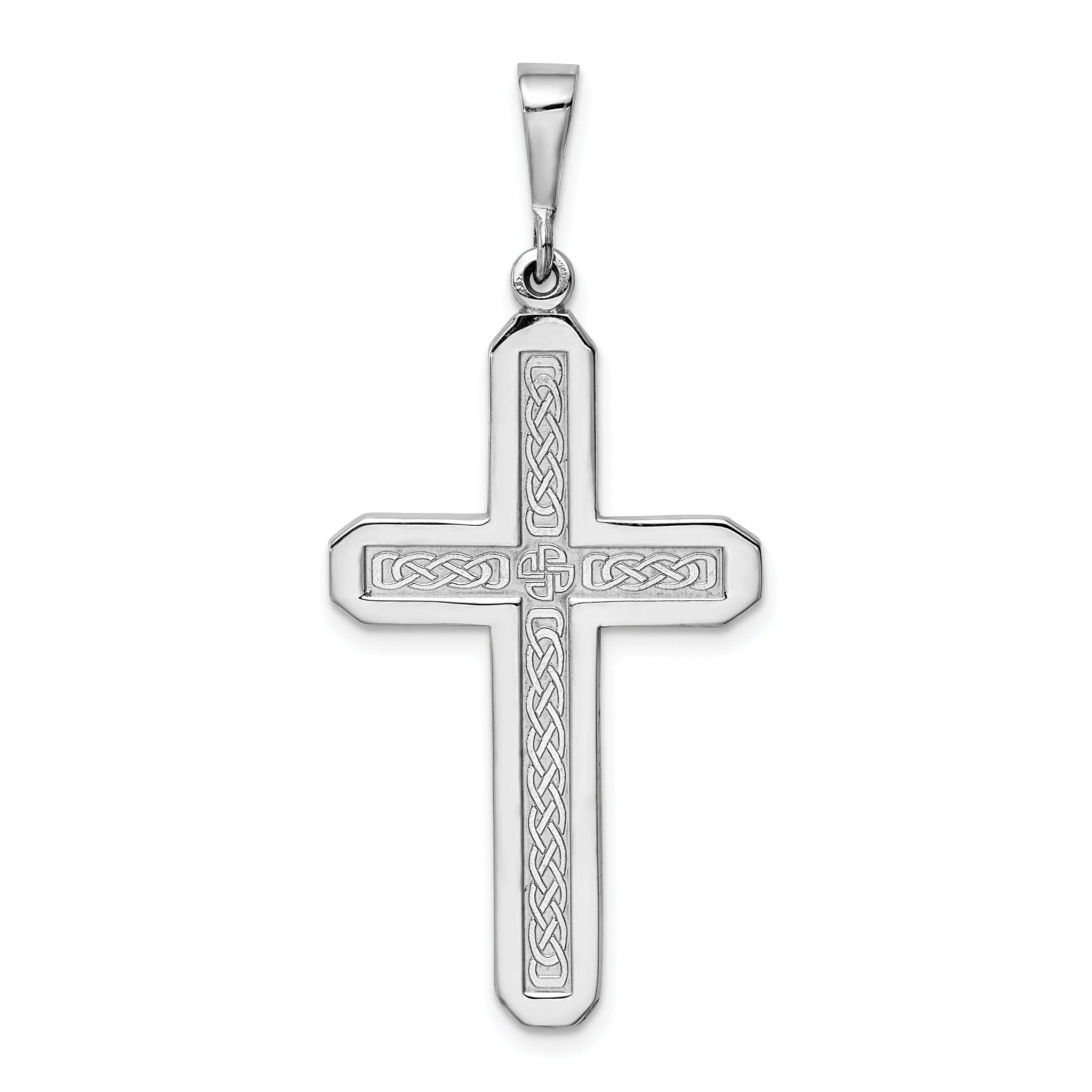 14K White Gold Cross Pendant with Polished Finish and Rhodium Plating