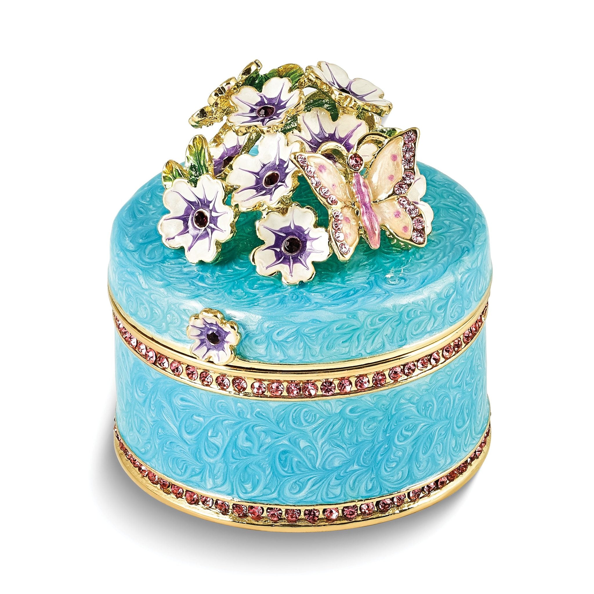 Luxury Giftware Pewter Bejeweled Crystals Gold-tone Enameled BUTTERFLY NECTAR Blue Flower Butterfly Ring Holder Trinket Box with Matching 18 Inch Necklace Main image
