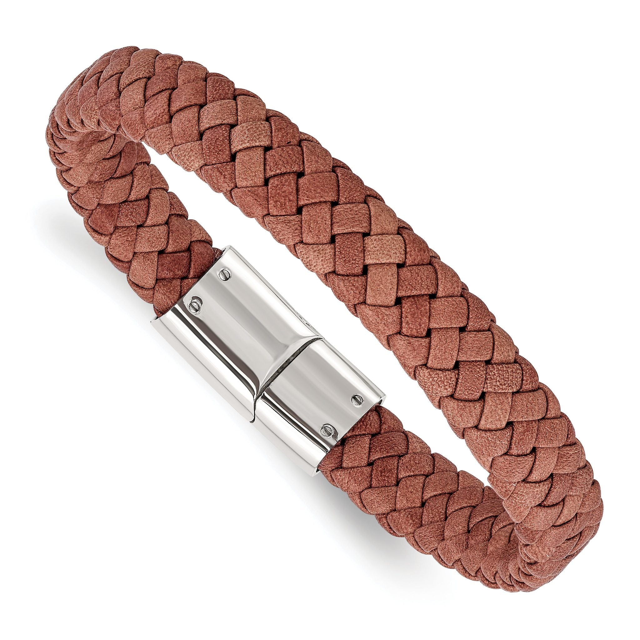 Stainless Steel Polished Light Brown Braided Leather Bracelet for Men