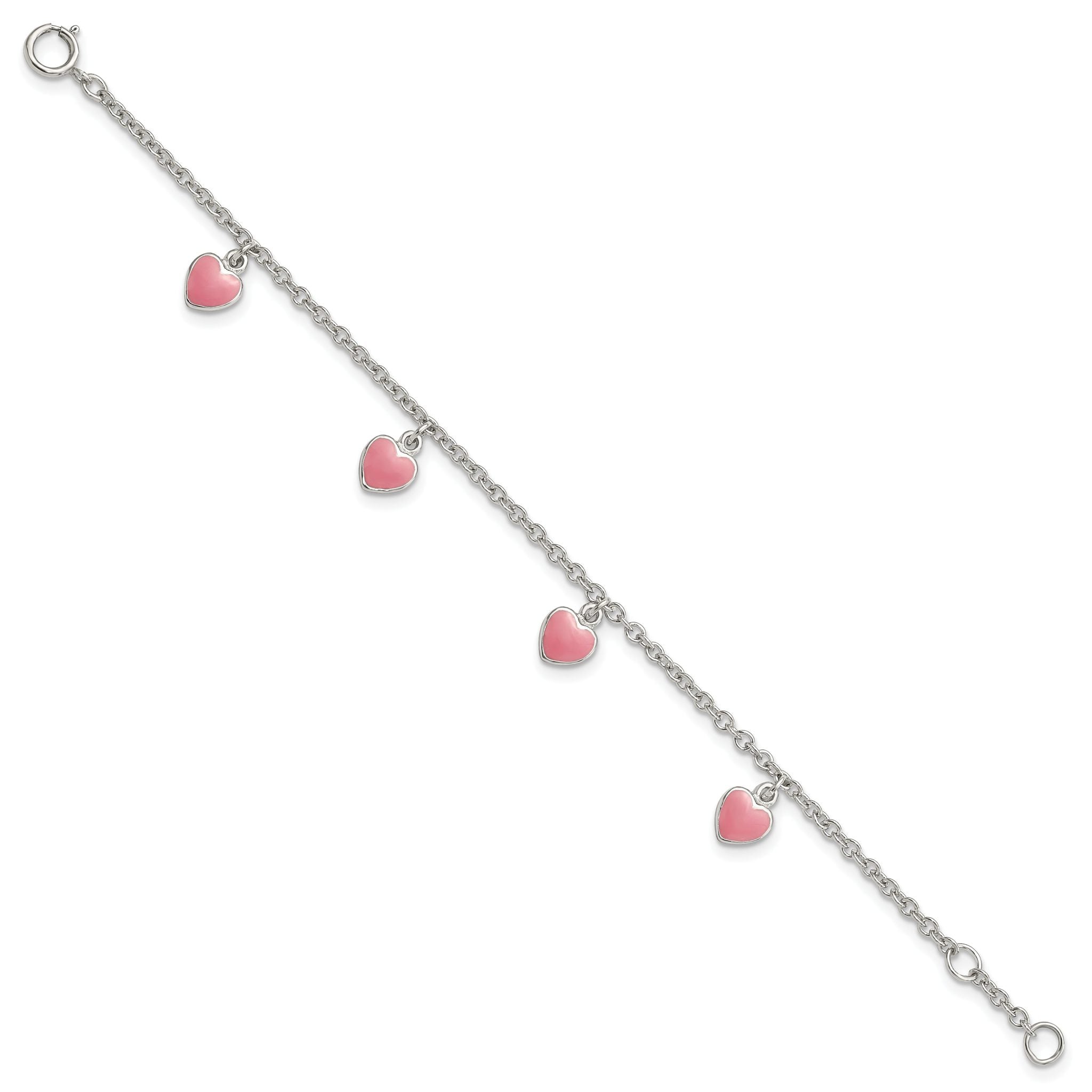 Sterling Silver Rhod-pltd Childs Enamel Hearts 5.5in With .5in ext Bracelet