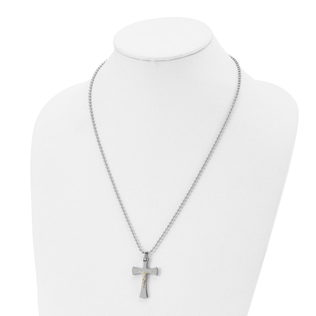 Chisel Stainless Steel Polished with 14k Gold Accent Crucifix Pendant on a 22 inch Ball Chain Necklace