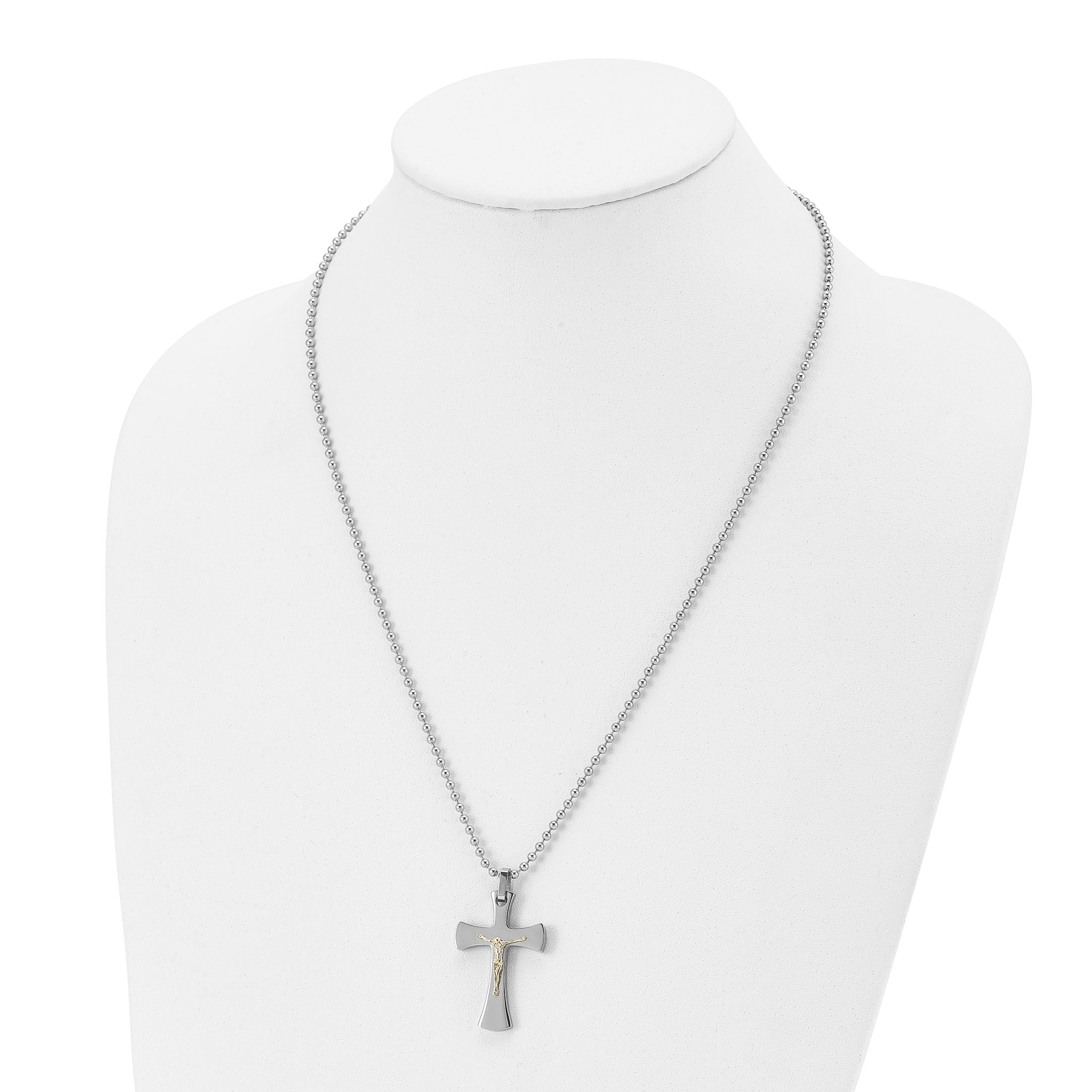 Chisel Stainless Steel Polished with 14k Gold Accent Crucifix Pendant on a 22 inch Ball Chain Necklace
