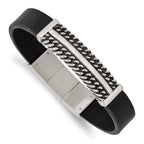 Stainless Steel Antiqued and Polished Black Leather with . extension Bracelet