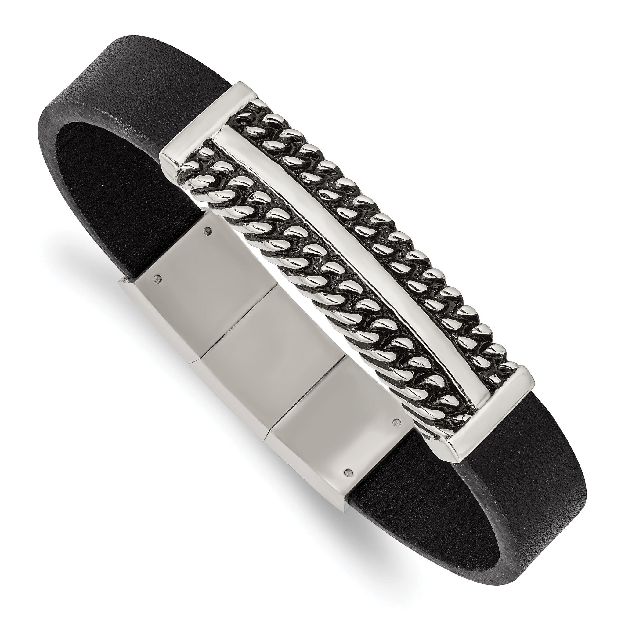 Stainless Steel Antiqued and Polished Black Leather with . extension Bracelet