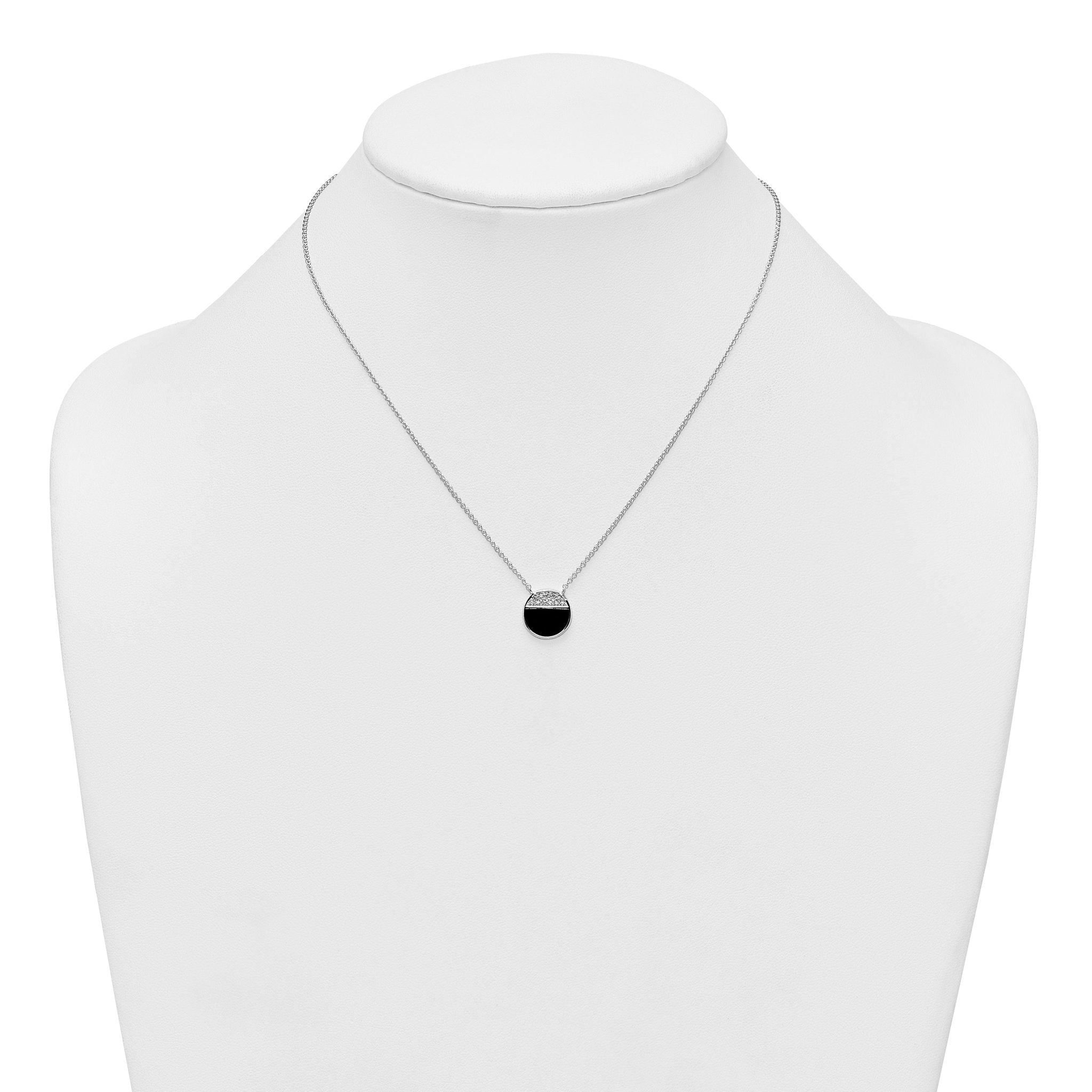 Sterling Silver Rhodium-plated Polished Black Onyx and CZ Circle 16 inch with 2 inch Extender Necklace