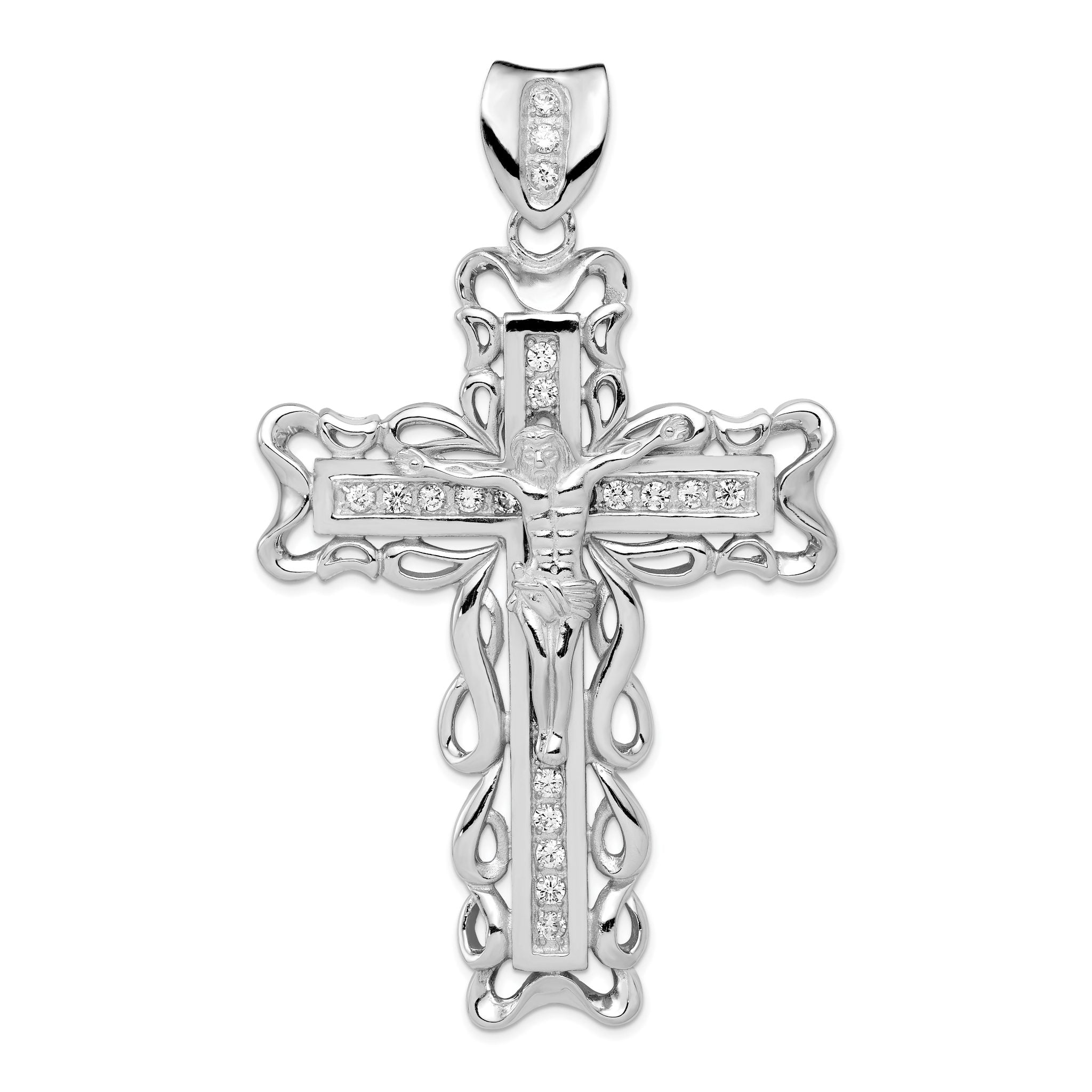 Sterling Silver 925 Rhodium-Plated CZ Crucifix Pendant with Polished Finish