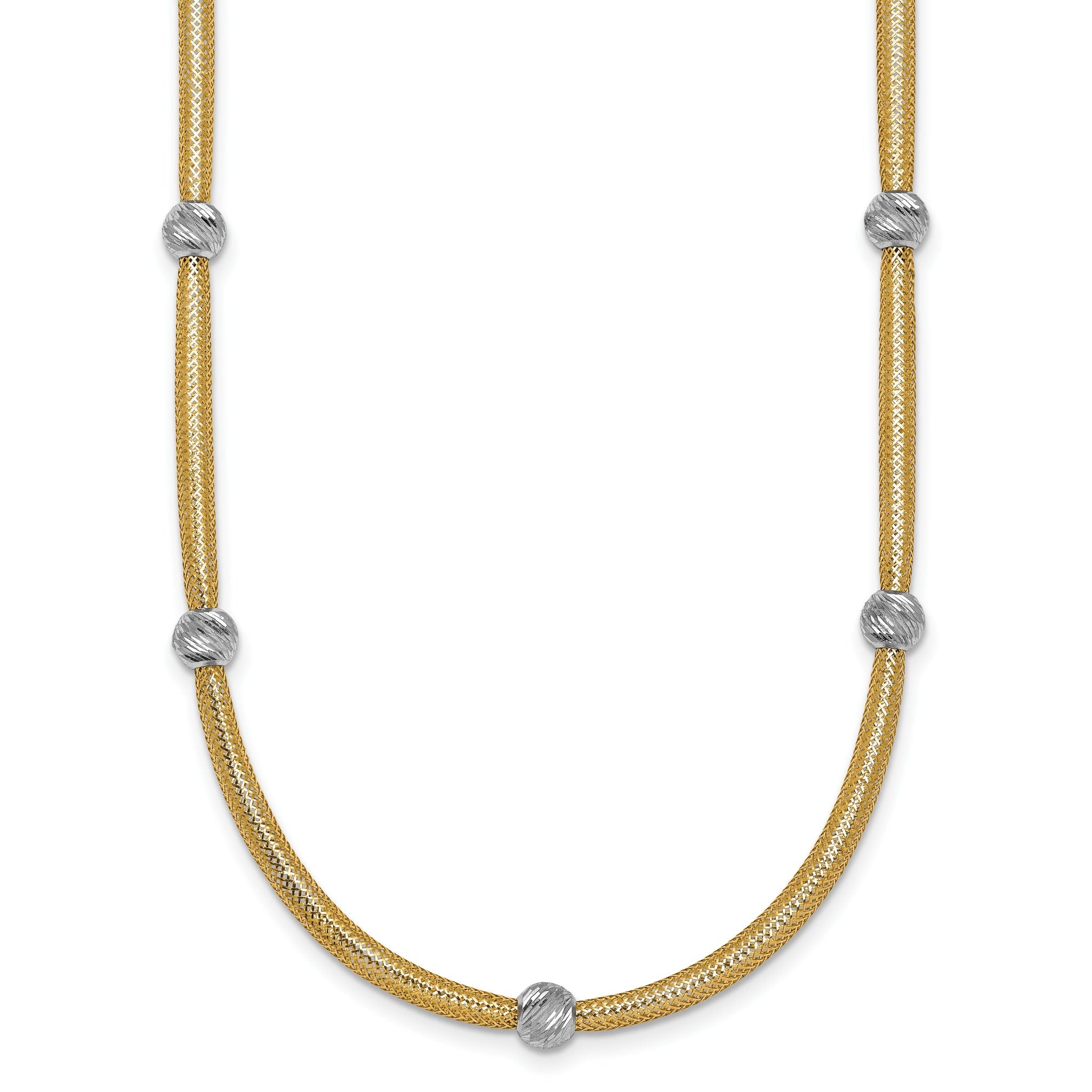 14k Polished with Rhodium 5-Station Diamond-cut Beads 4mm Flexible Mesh 18 inch Necklace Main image