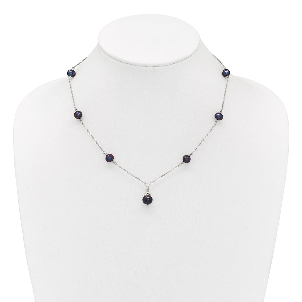 Sterling Silver Rhodium-plated 9-10mm Black Semi-Round Freshwater Cultured Pearl 18 inch Necklace and Dangle Earrings Set