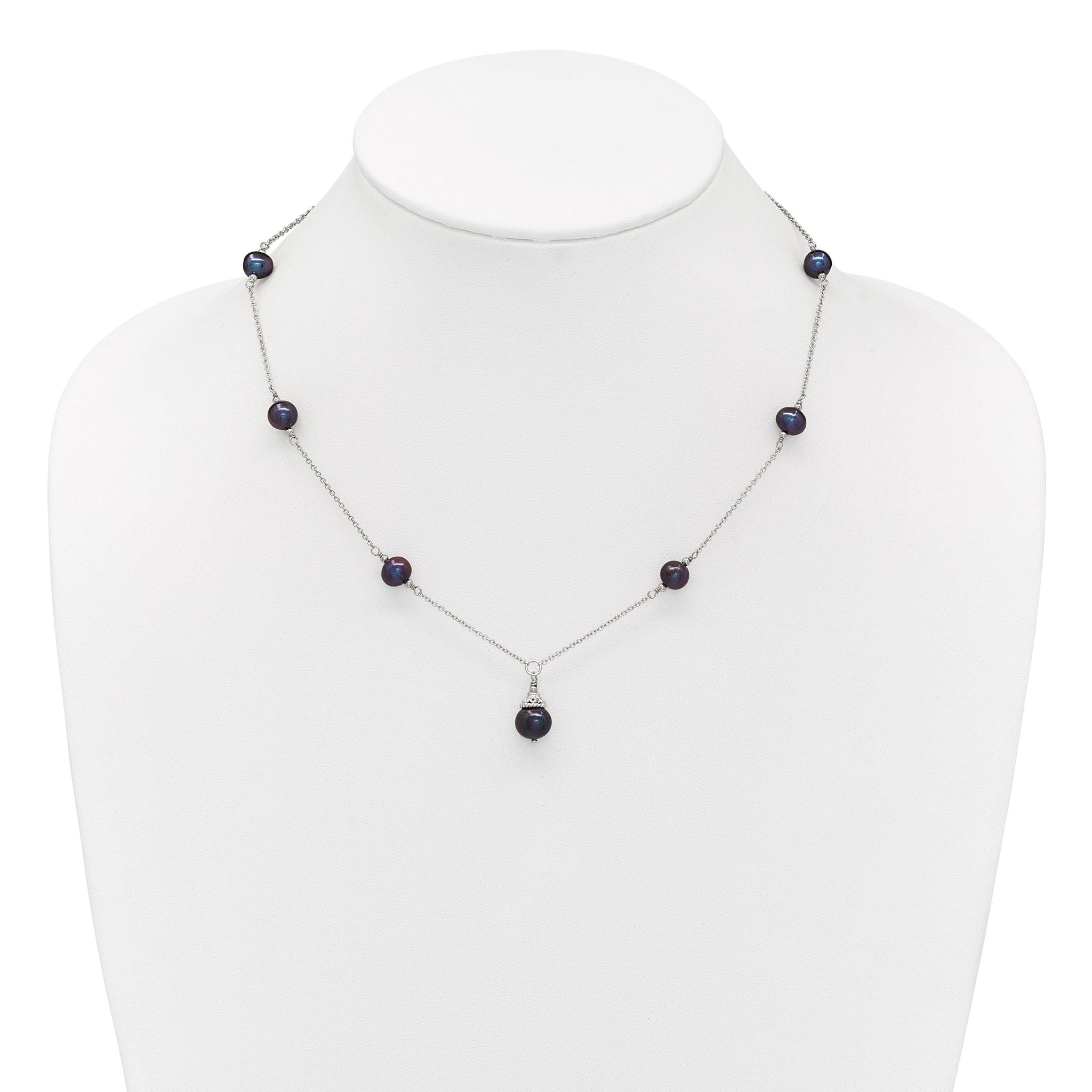 Sterling Silver Rhodium-plated 9-10mm Black Semi-Round Freshwater Cultured Pearl 18 inch Necklace and Dangle Earrings Set