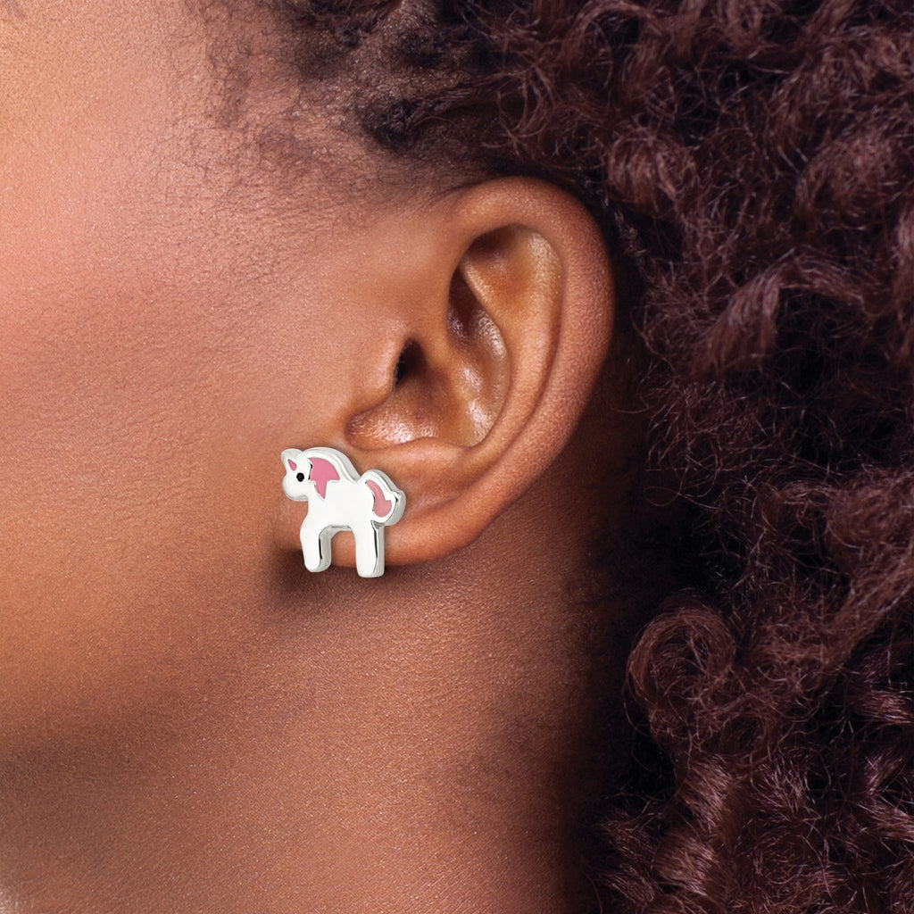 Sterling Silver Polished Multi-color Enameled Unicorn Children's Post Earrings