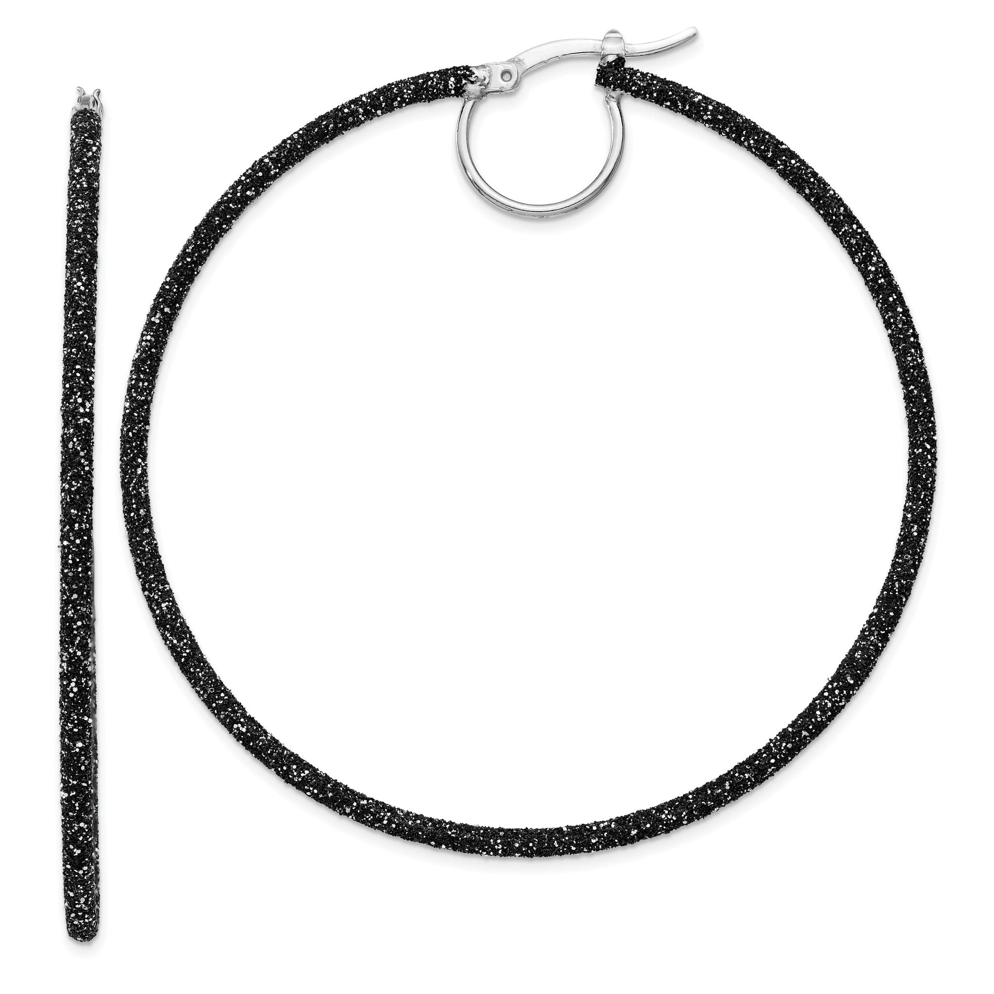 Sterling Silver Rhodium/Black Glitter Enamel 2x55mm Hoop Earrings Main image