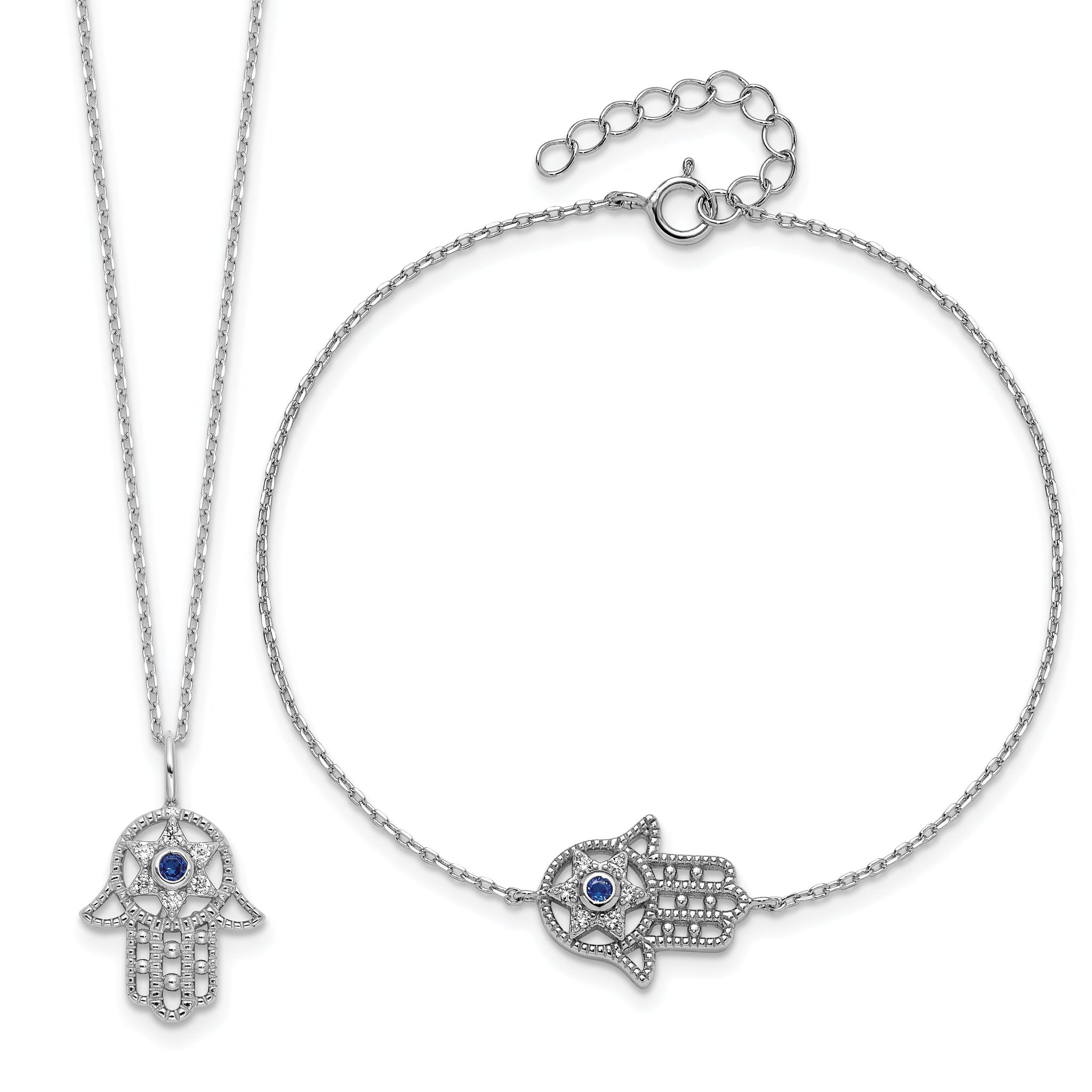 Sterling Silver RH-plate Cr.Blue Spinel and CZ Hamsa Bracelet/Necklace Set Main image