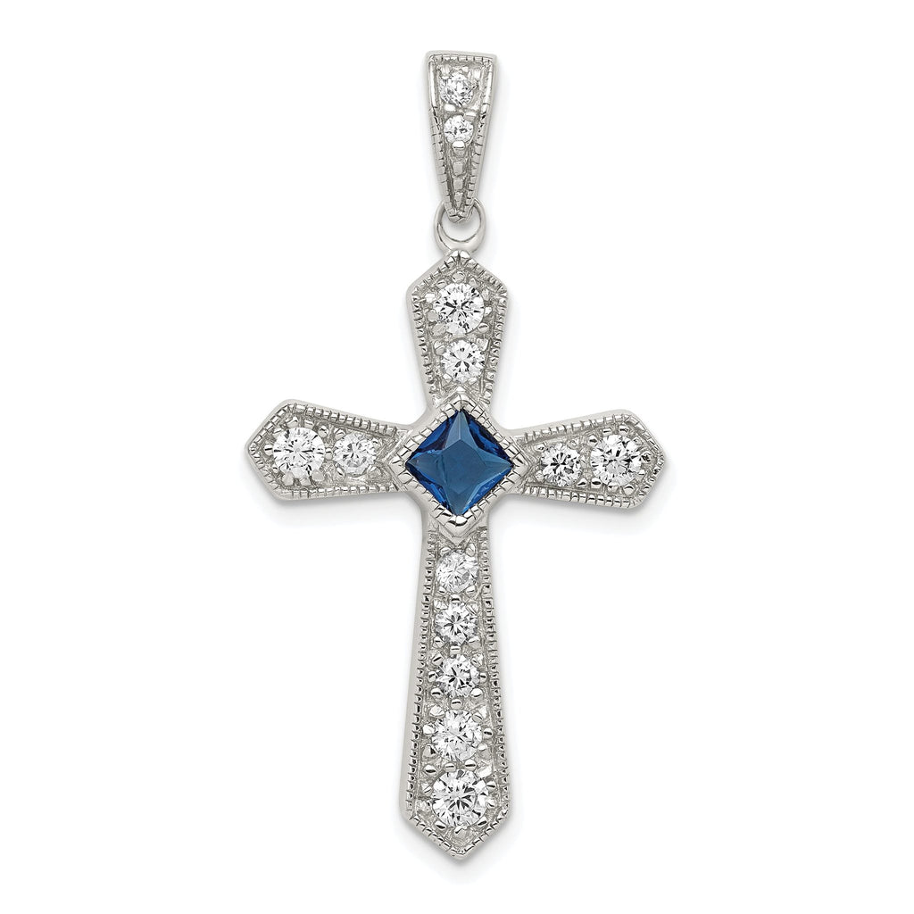 Sophia Jewelers Sterling Silver Rhodium-Plated Blue CZ Passion Cross Pendant