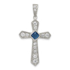 Sophia Jewelers Sterling Silver Rhodium-Plated Blue CZ Passion Cross Pendant
