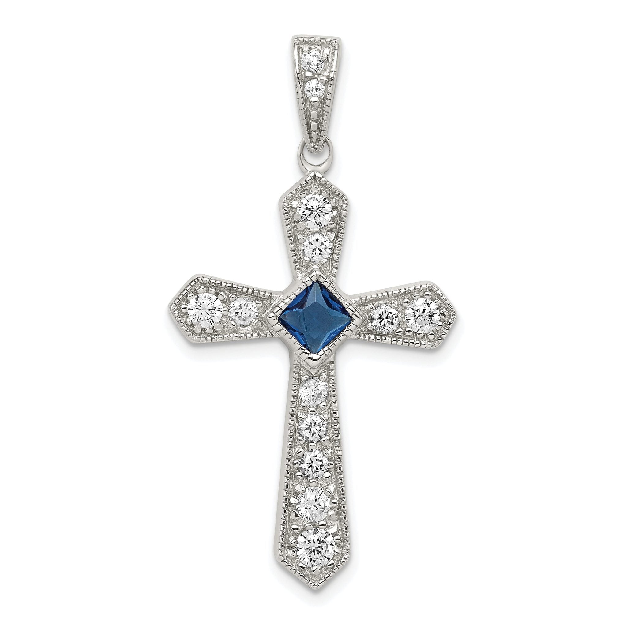 Sophia Jewelers Sterling Silver Rhodium-Plated Blue CZ Passion Cross Pendant