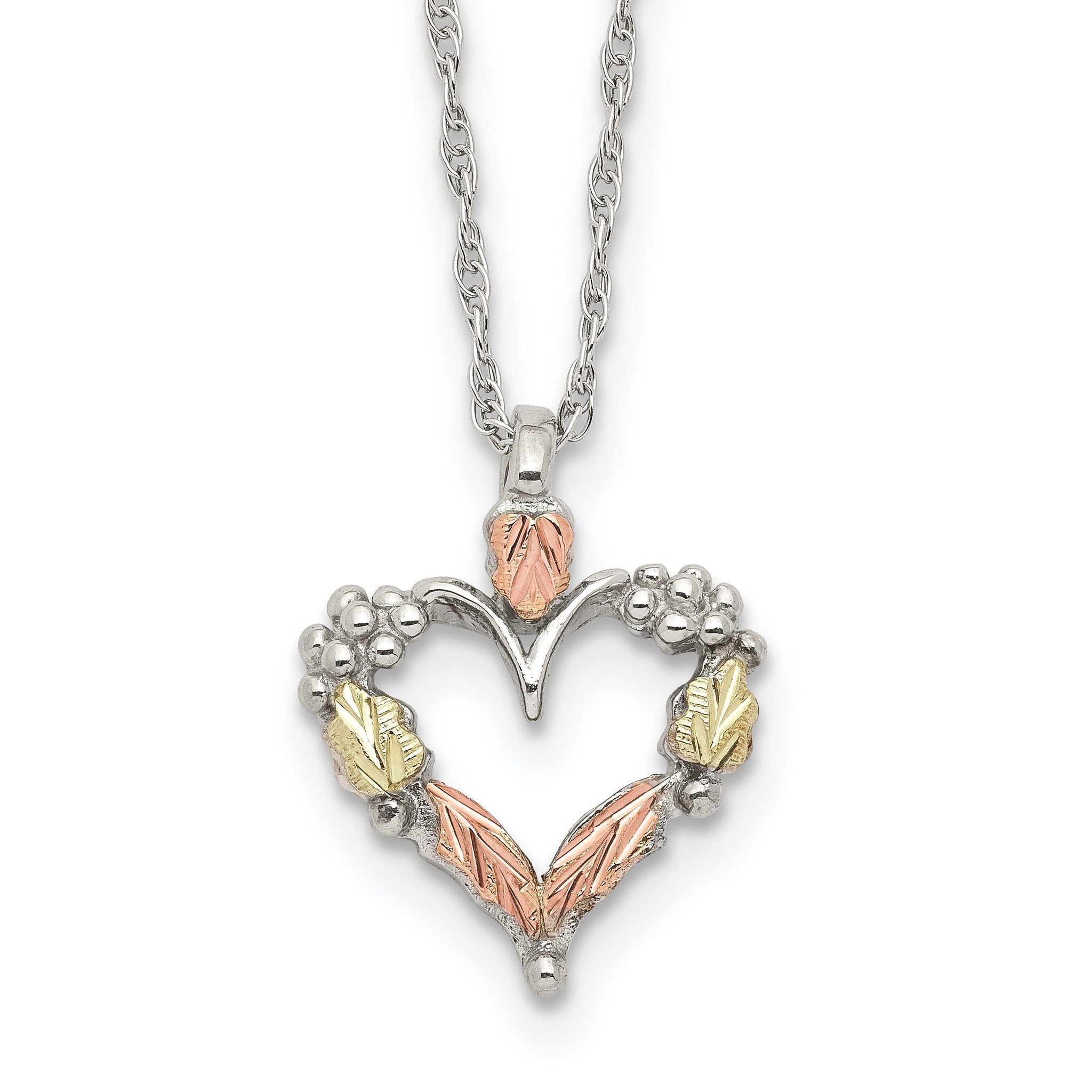 Sterling Silver 12K Gold Open Heart Necklace with Rhodium Finish