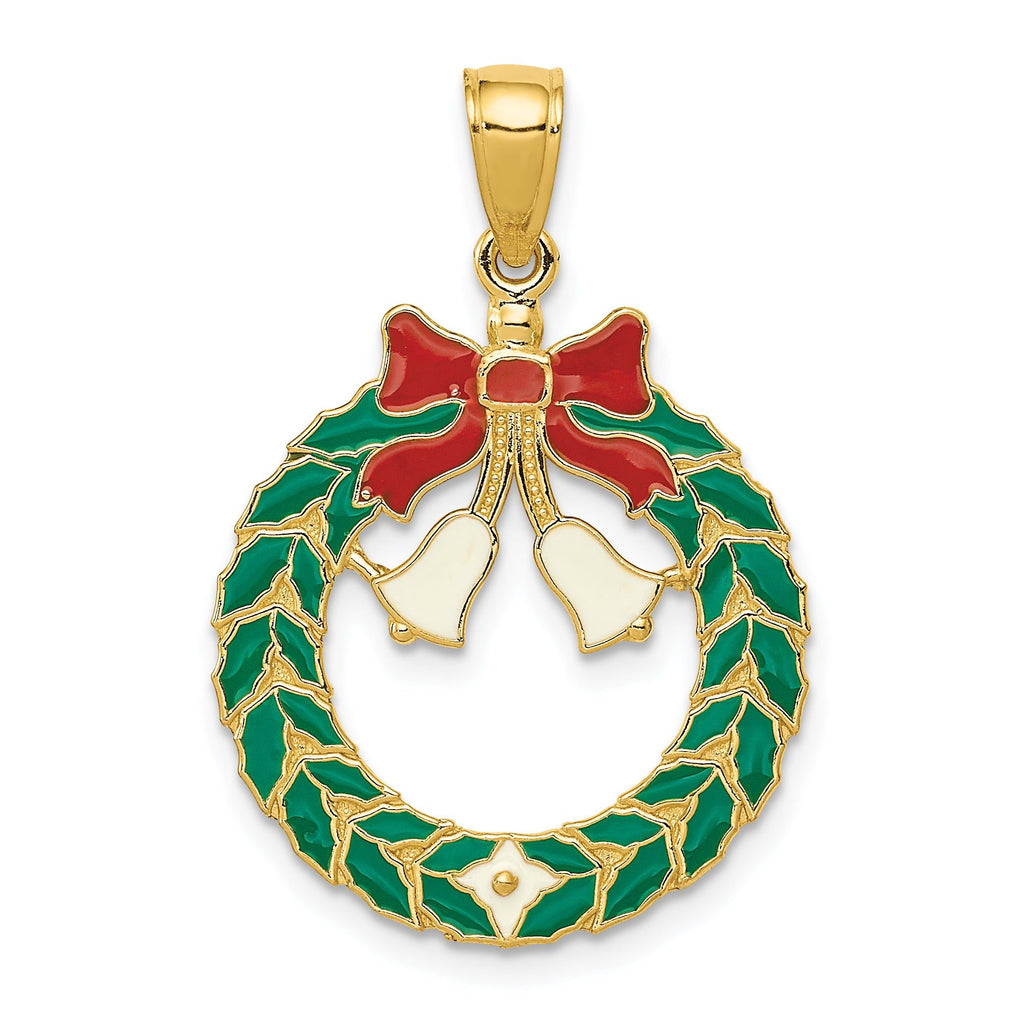 14K Gold Enameled Christmas Wreath Pendant, Festive Solid Design