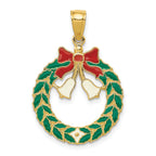 14K Gold Enameled Christmas Wreath Pendant, Festive Solid Design