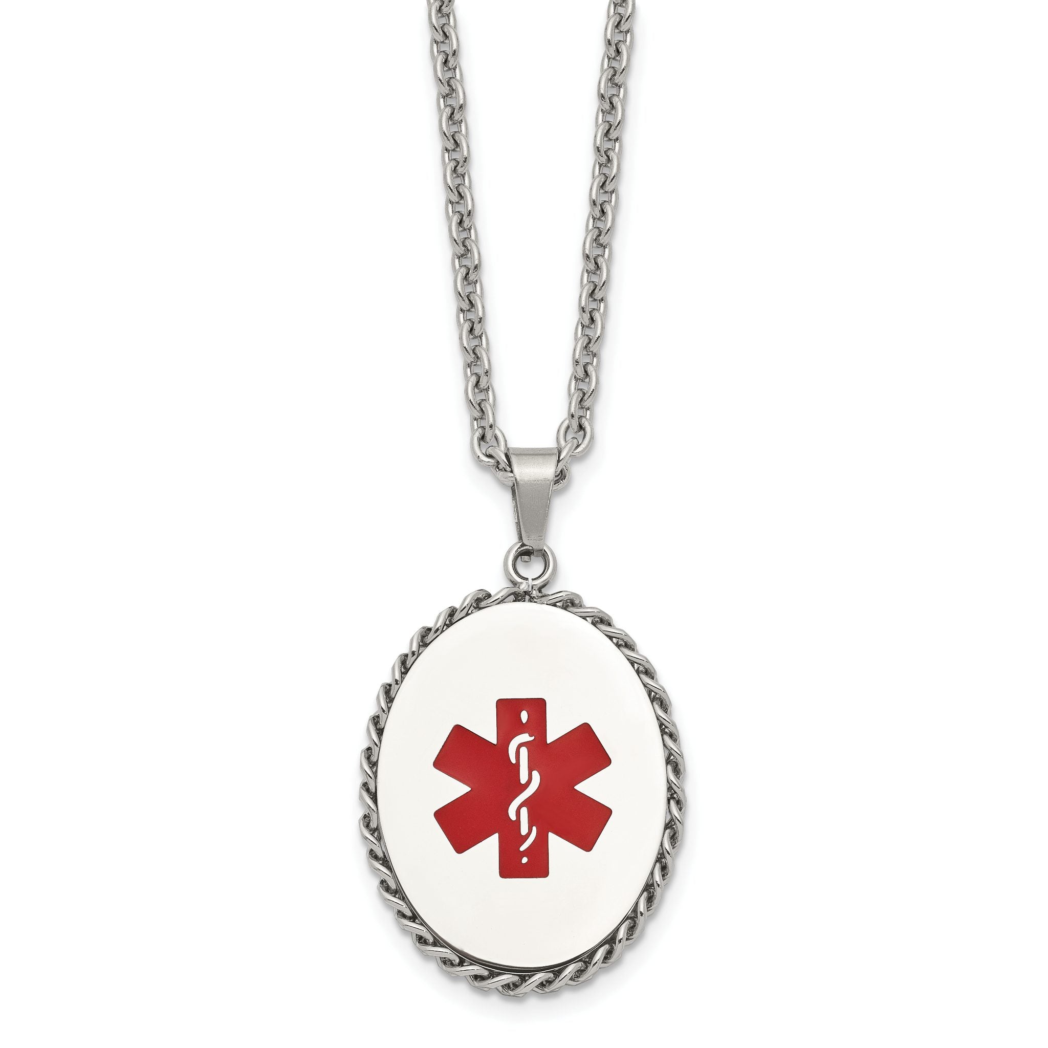 Chisel Stainless Steel Polished with Red Enamel Oval Medical ID Pendant on a 20 inch Cable Chain Necklace Main image