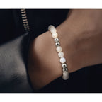Stainless Steel Polished 6mm White Moonstone Beaded Stretch Bracelet for Women