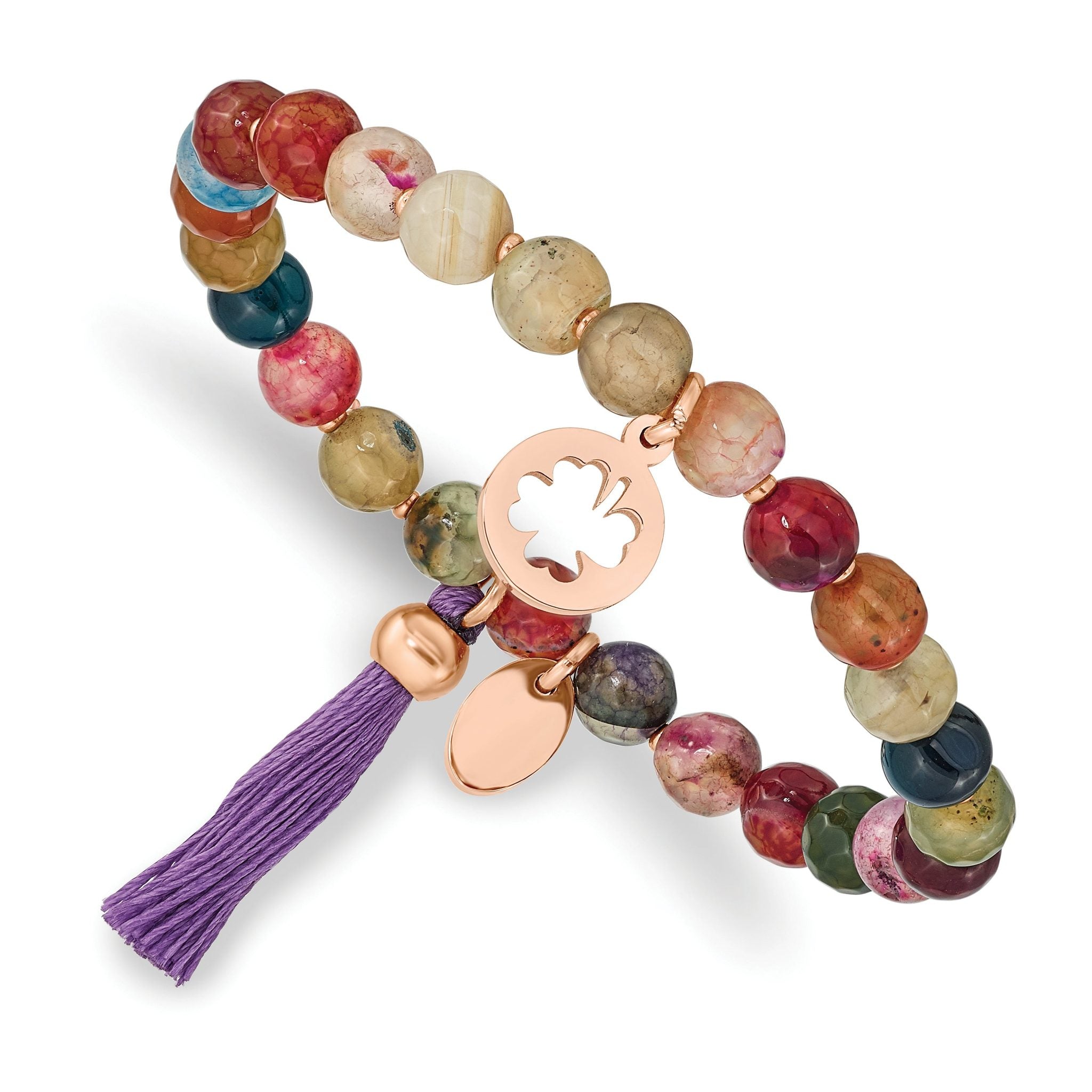 Stainless Steel Polished Rose IP-plated Clover 6mm Multi Color Agate Beaded Stretch Bracelet with Tassel for Women