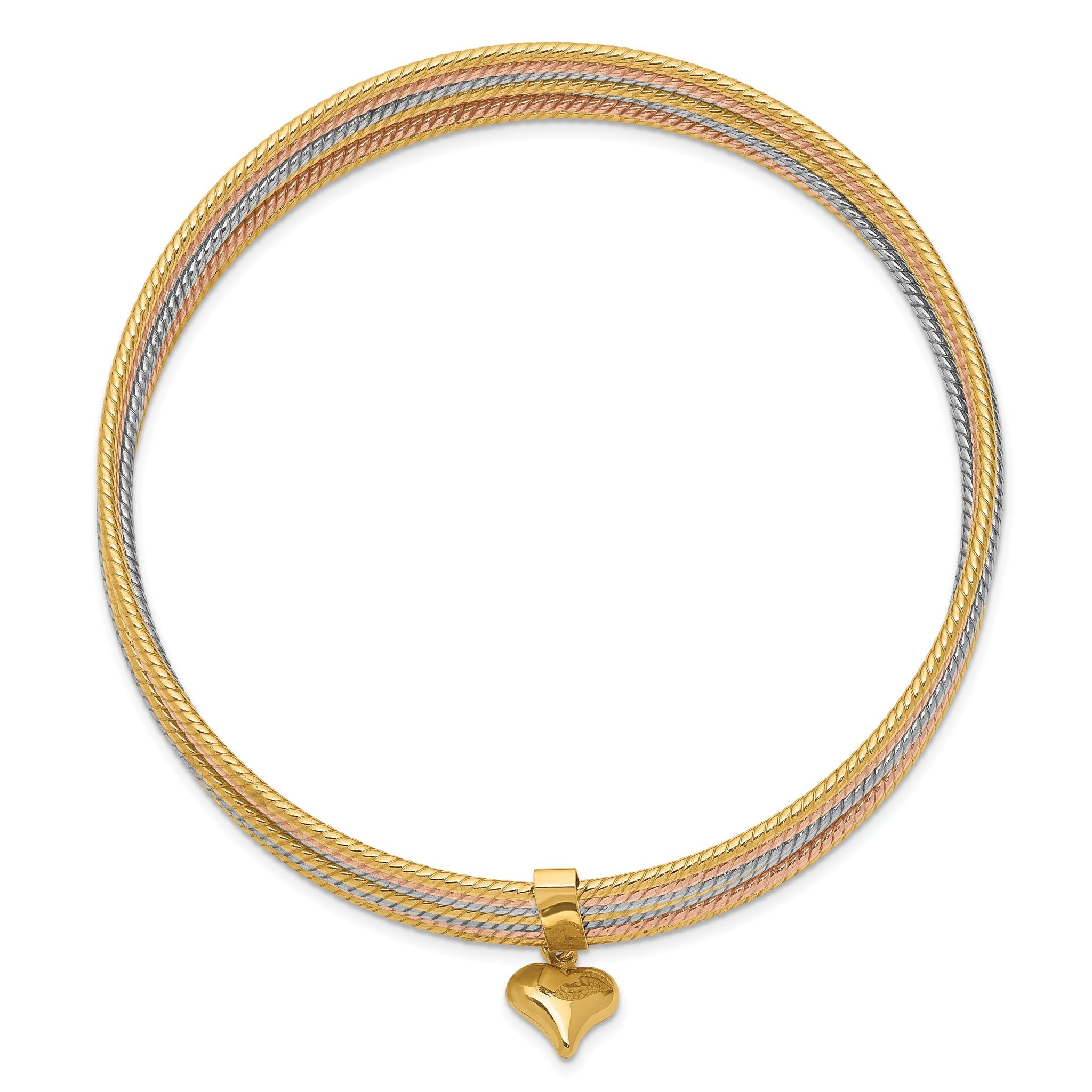 14K Tri-color Polished and Textured with Dangle Heart 7-Strand 11.00mm Slip-on Round Bangle Bracelet