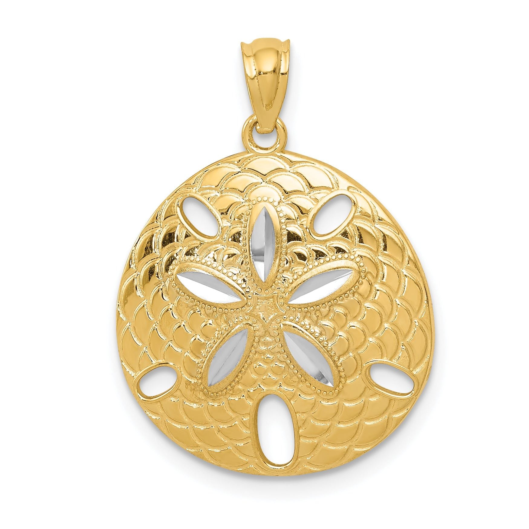 14K Gold Sand Dollar Pendant with White Rhodium Diamond-Cut Polished Finish