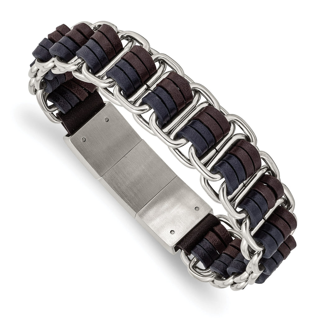 Stainless Steel Polished with Blue and Brown Leather with . ext Bracelet