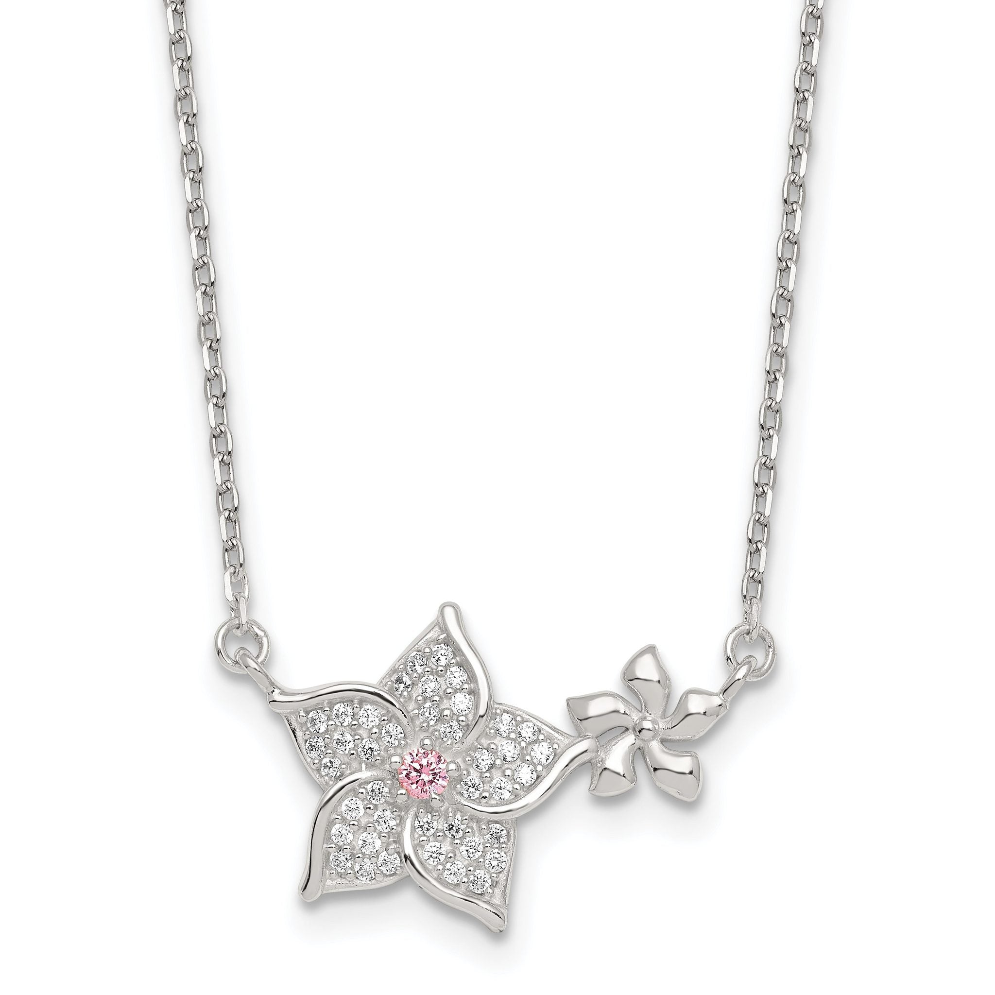 Sterling Silver Polished Pink and White CZ Flowers 16 inch with 2 inch Extension Necklace