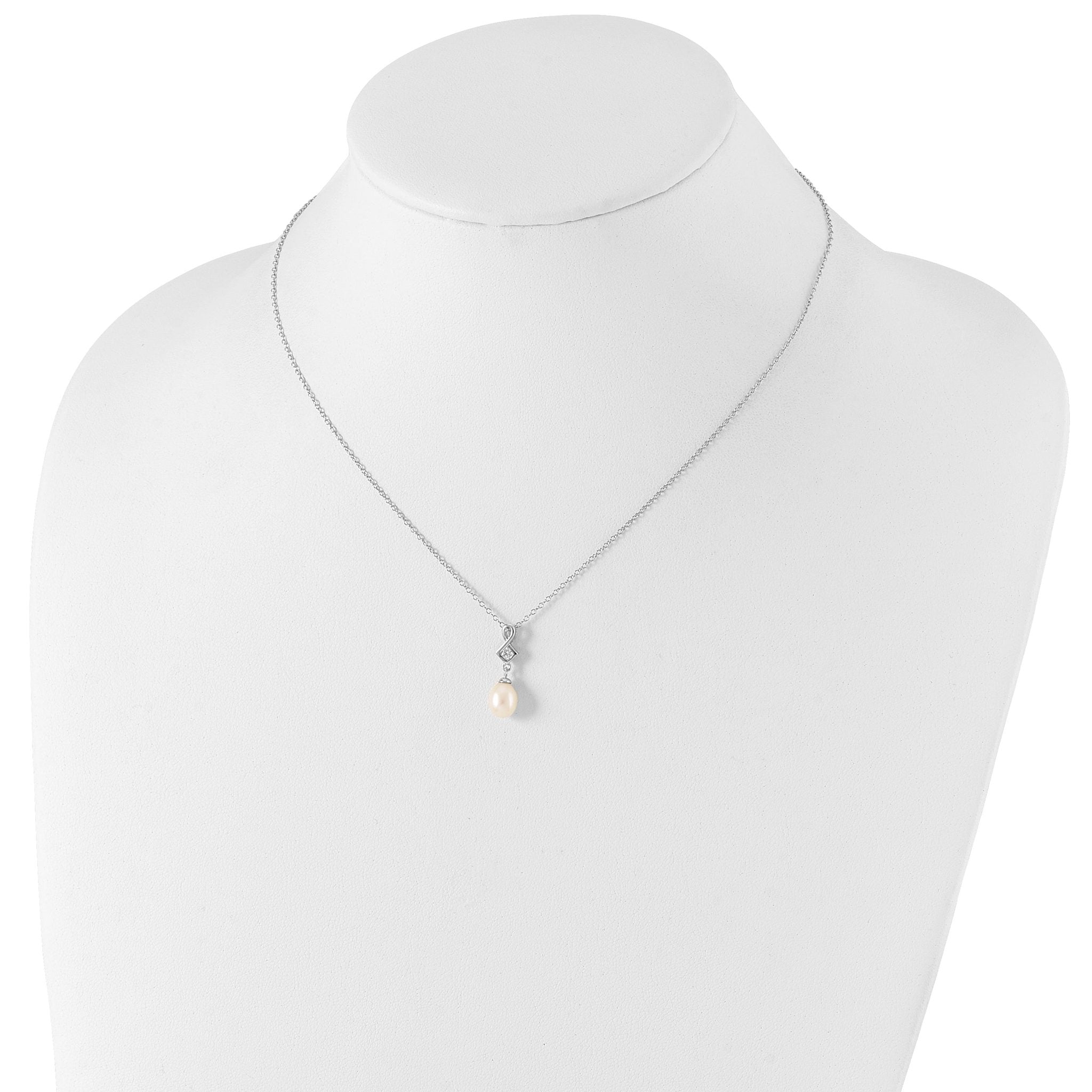 Sterling Silver Rhod-plat 6-7mm White FWC Pearl CZ Necklace