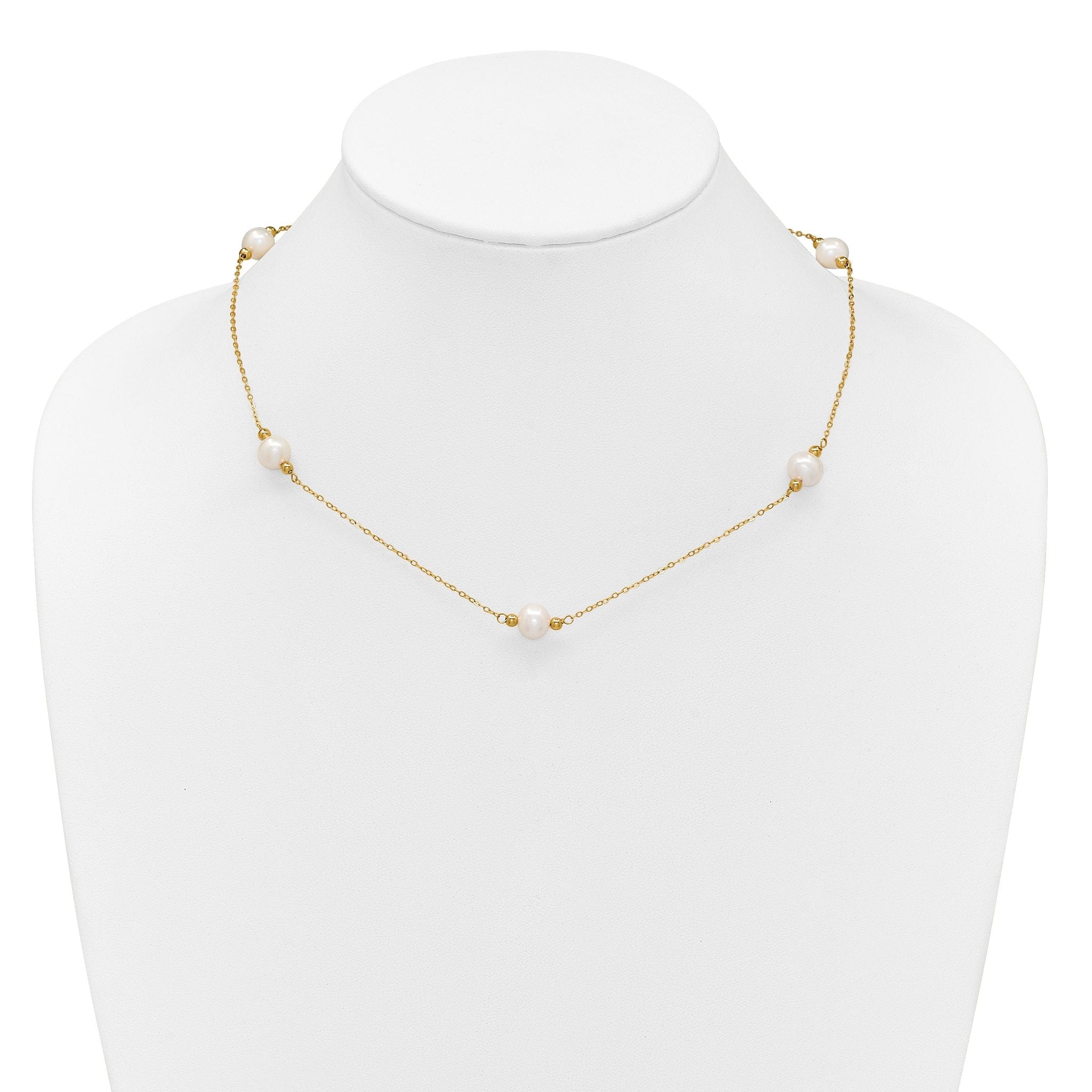 14k Polished 8-9mm Near-Round White Freshwater Cultured Pearl 5-Station 18 inch Necklace
