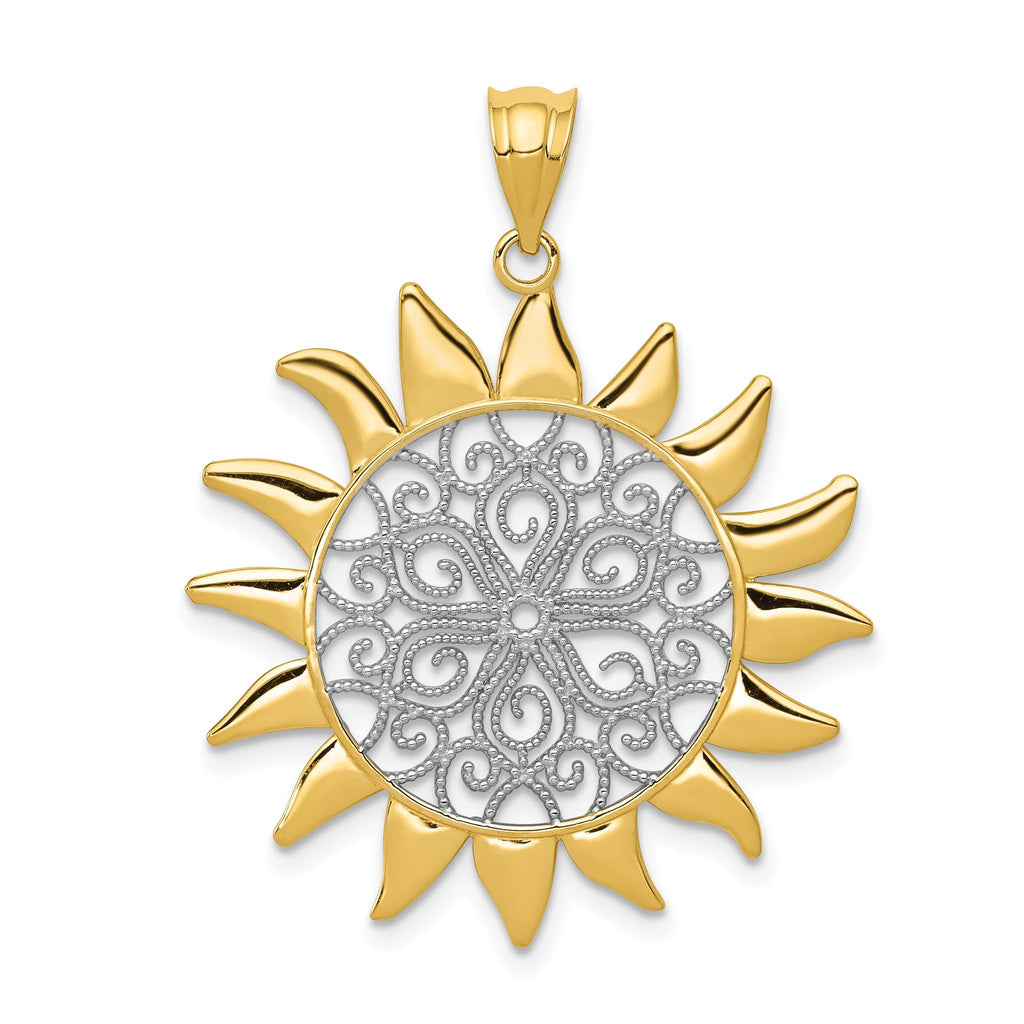 14K Gold Sun Filigree Pendant with Rhodium Accents  Polished, Elegant Design
