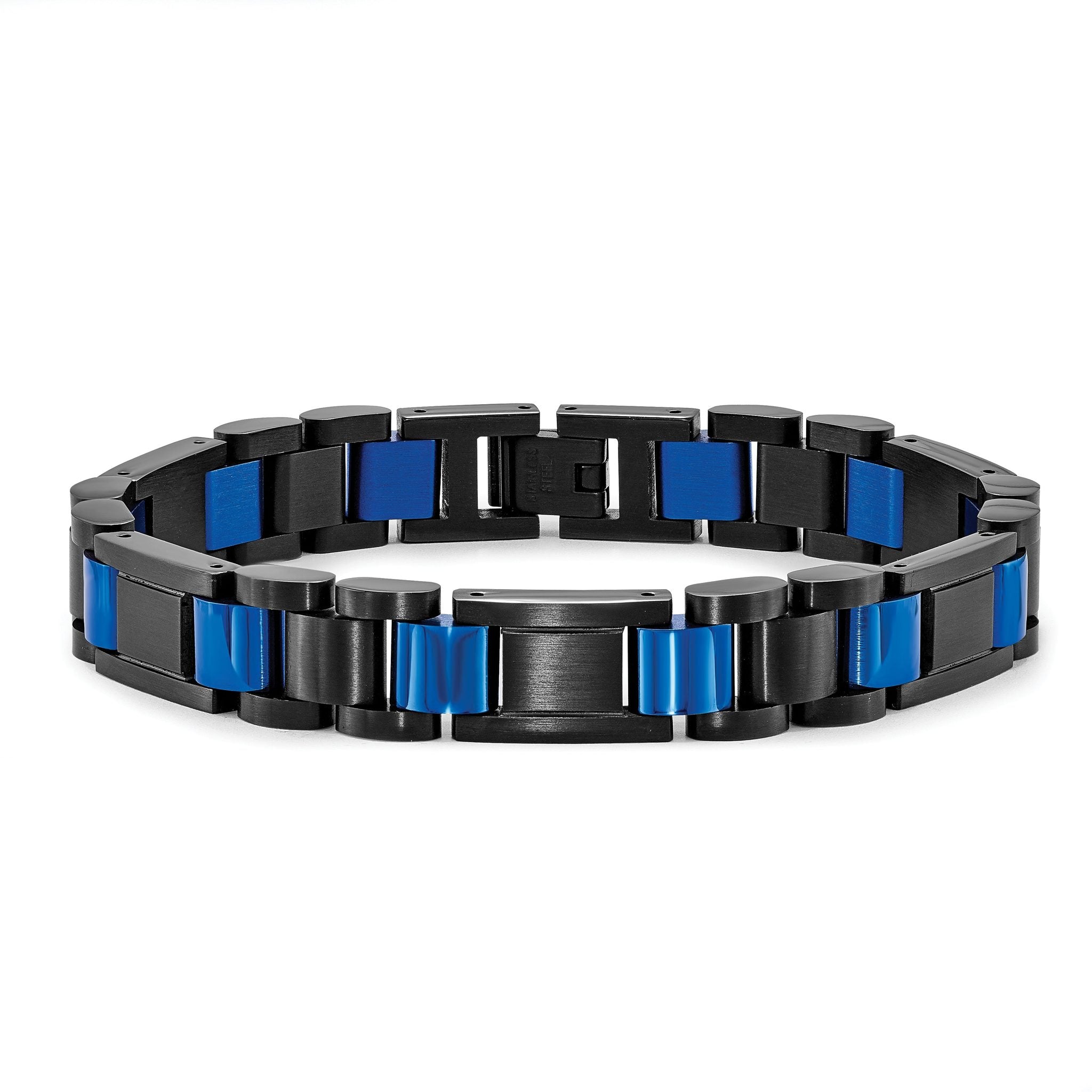 Stainless Steel Brushed and Polished Black and Blue IP-plated Link Bracelet for Men