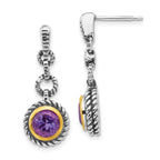 Sterling Silver Gold-tone Amethyst Dangle Earrings with Antiqued Bezel