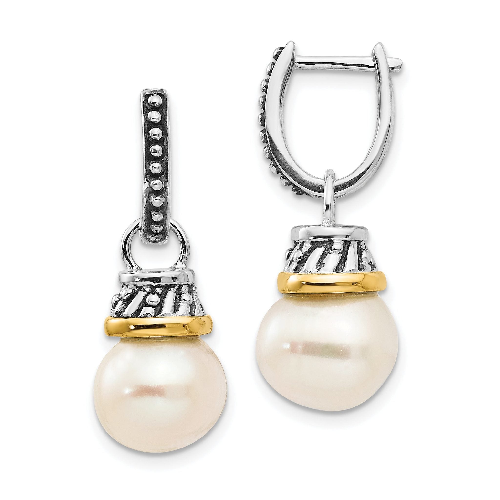 Sterling Silver 14K Gold Pearl Diamond Hoop Dangle Earrings Elegant Design Main image