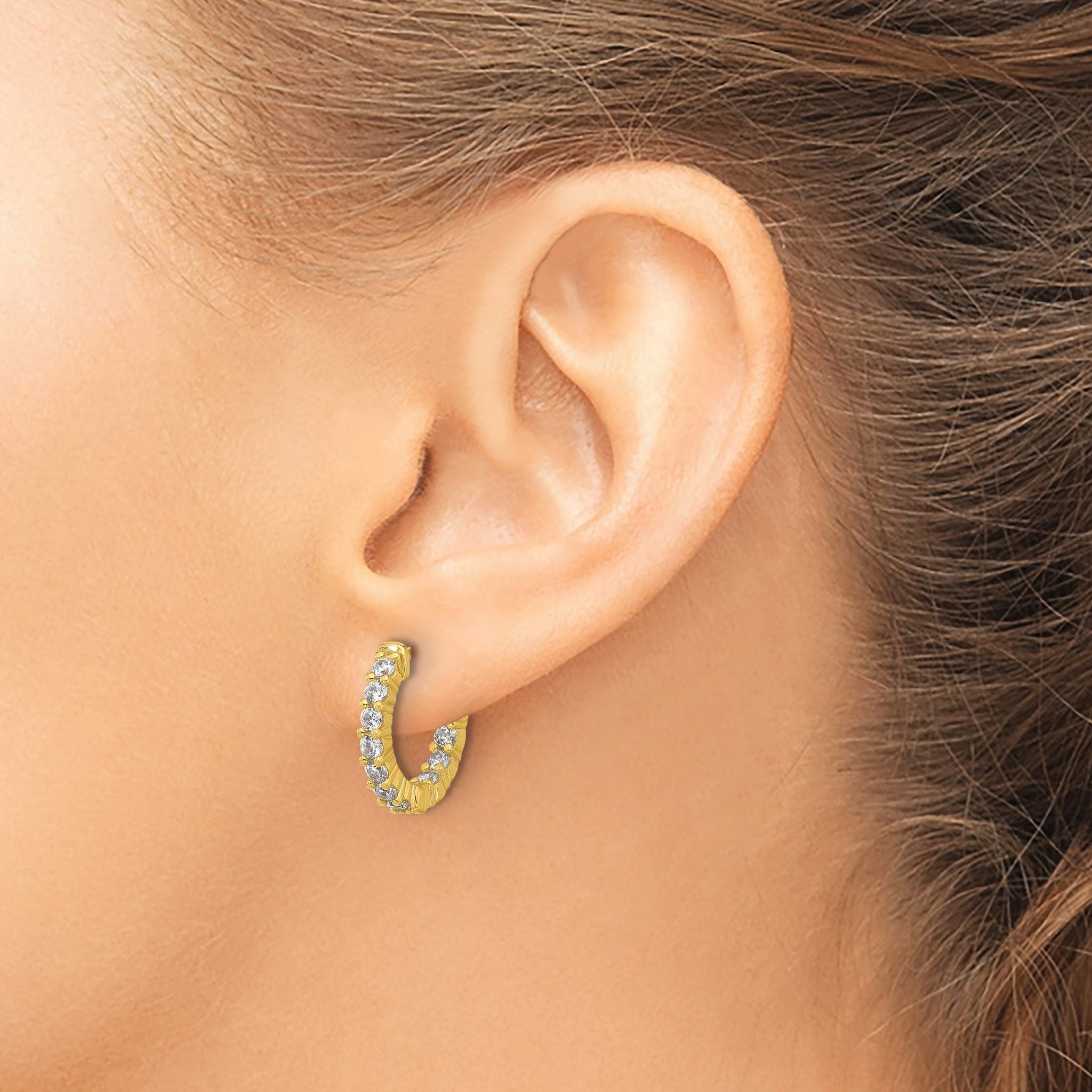 Sterling Shimmer Sterling Silver Gold-tone Flash Gold-plated 2.3mm CZ 20 Stone In and Out Hinged Hoop Earrings