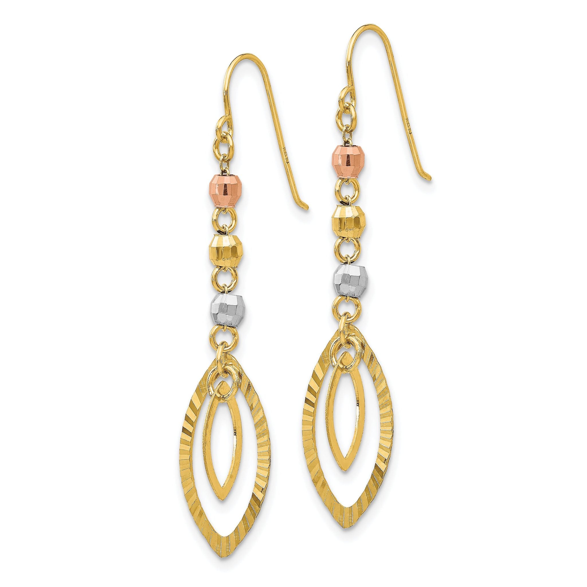 14K Tri-Color Diamond-cut Bead Oval Dangle Earrings Secondary image