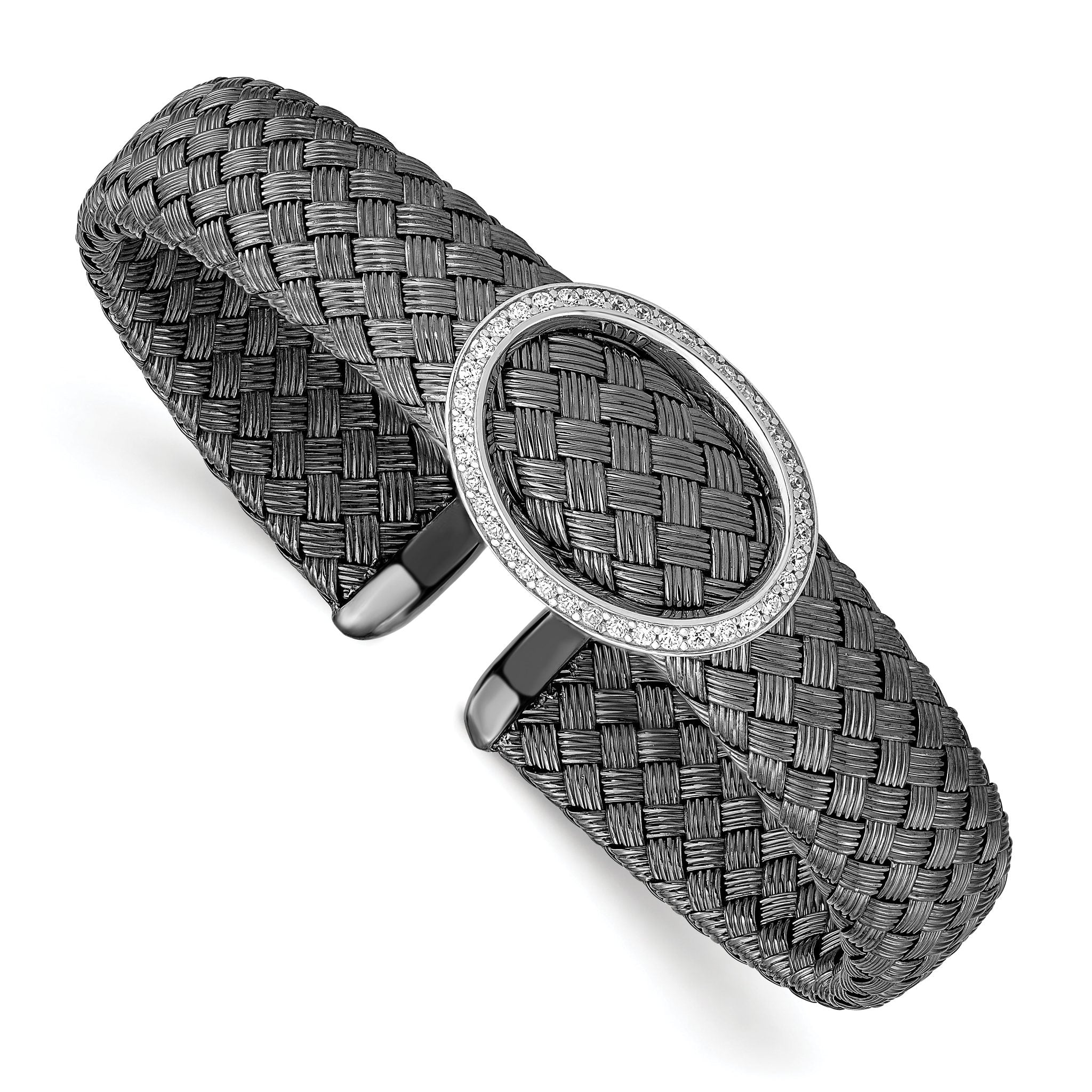 Sterling Silver CZ Black Woven Flexible Cuff Main image