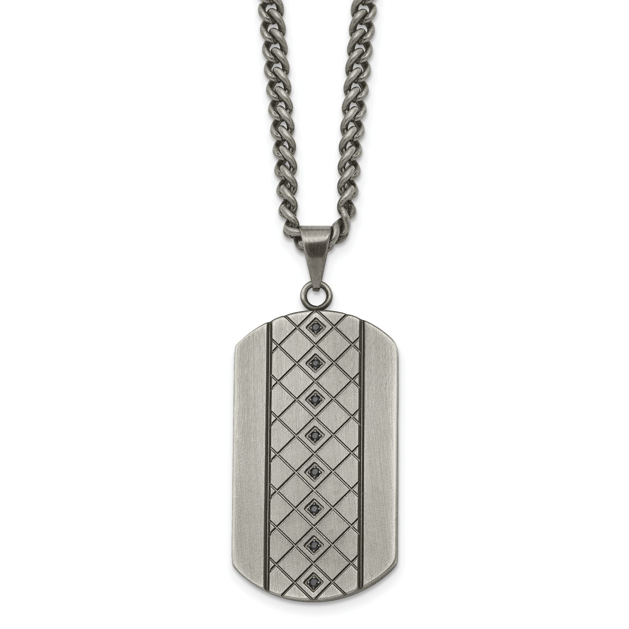 Chisel Stainless Steel Brushed and Textured with Black CZ Dog Tag on a 22 inch Curb Chain Necklace Main image