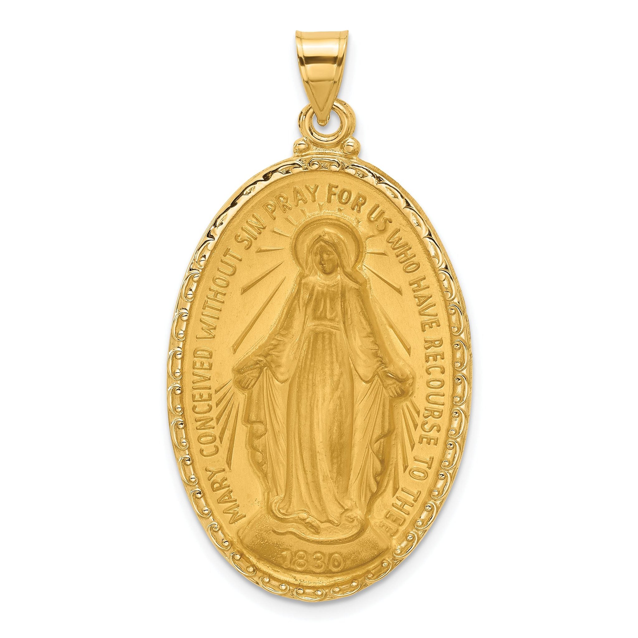 14k Satin and Polished Miraculous Medal Solid Oval Pendant Main image