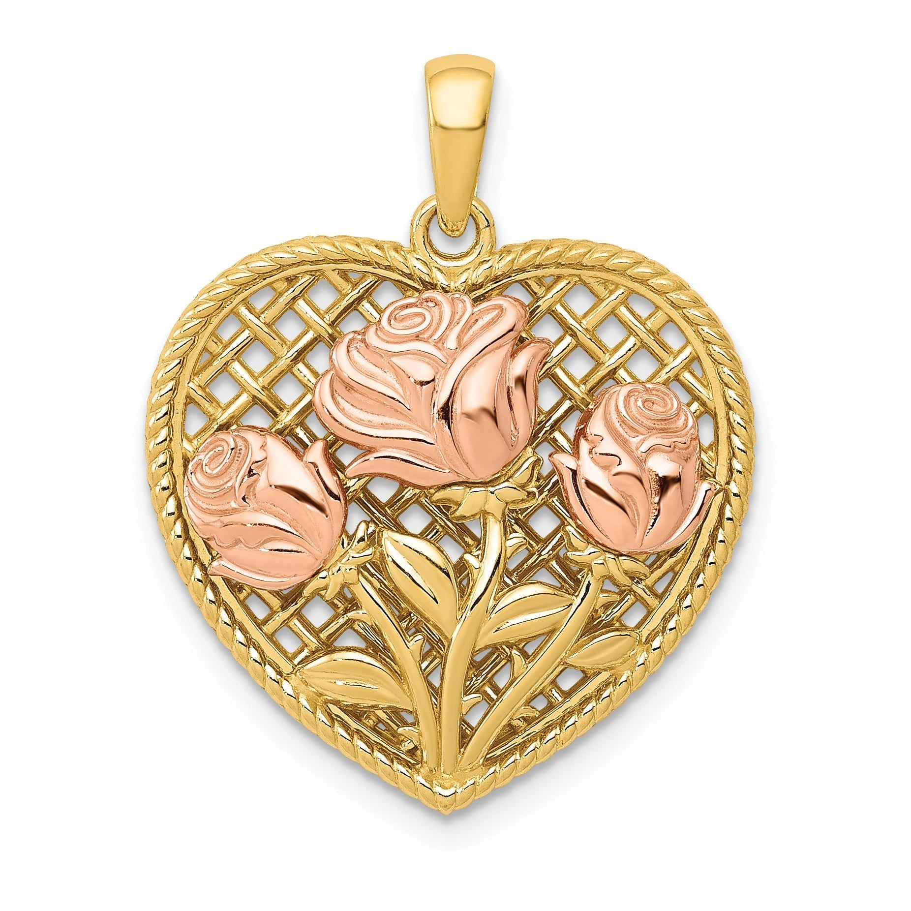 14K Two-Tone Gold Heart Pendant with Polished Floral Design Main image
