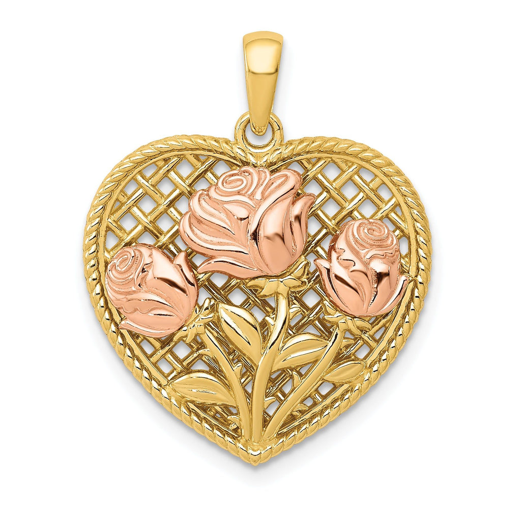 14K Two-Tone Gold Heart Pendant with Polished Floral Design