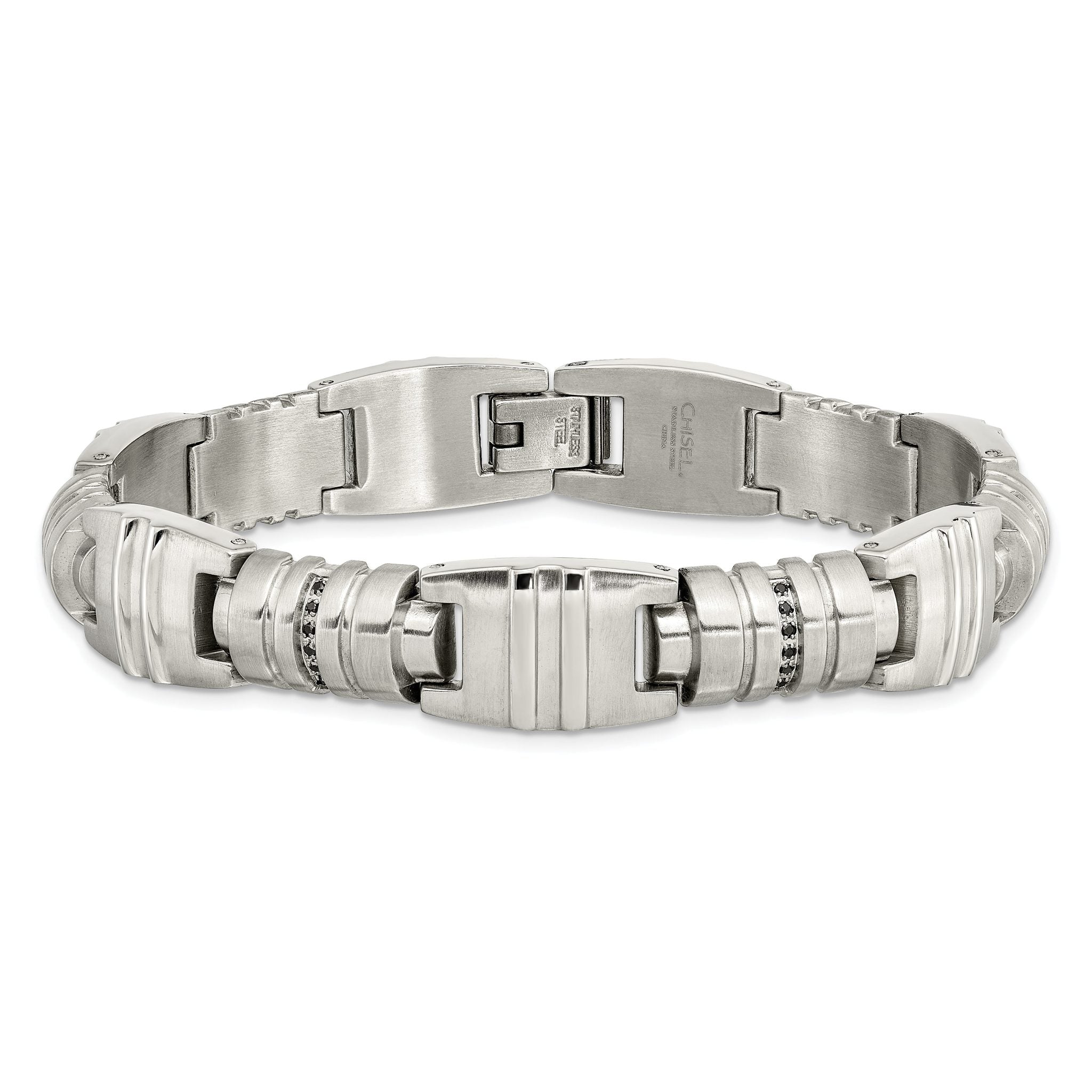 Stainless Steel Brushed and Polished with Black Cubic Zirconia Fancy Link Bracelet for Men