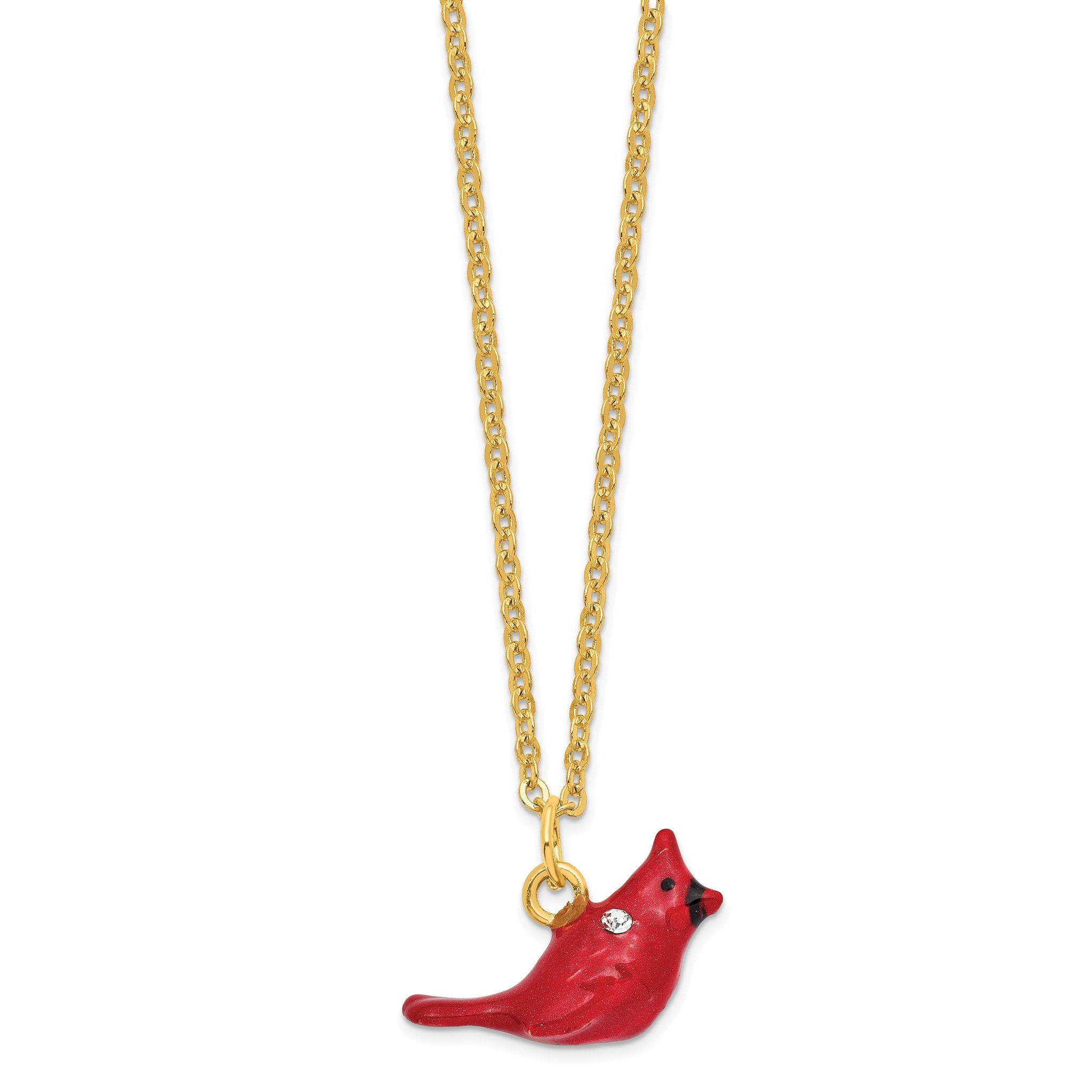 Luxury Giftware by Jere Bejeweled Crystals Gold-tone Enameled CHAS Red Cardinal on White Trinket Box with Matching 18 Inch Necklace
