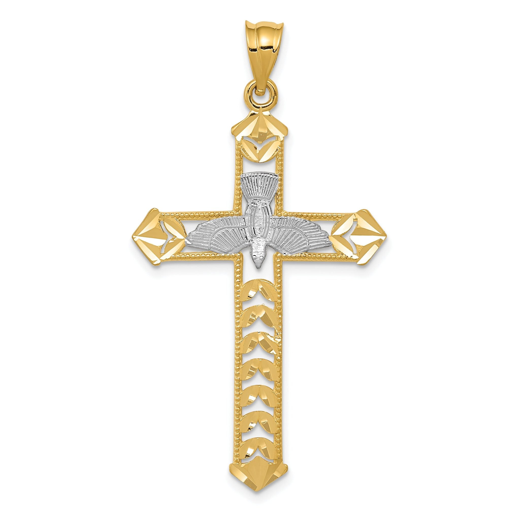 14K Gold Polished Diamond-Cut Dove Cross Pendant with Rhodium Accents