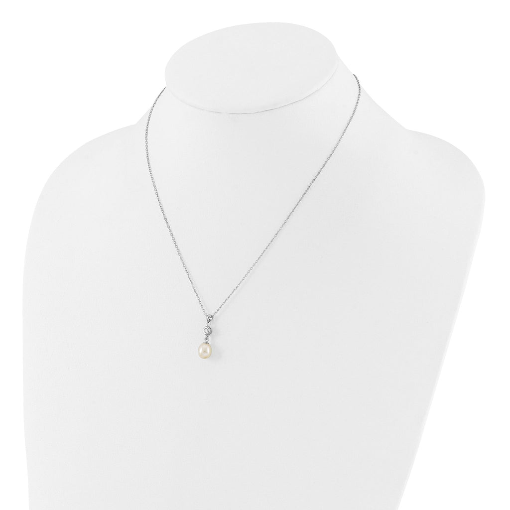 Sterling Silver Rhodium-plated 7-8mm White Teardrop Freshwater Cultured Pearl and CZ 17 inch Necklace and Post Dangle Earrings Set